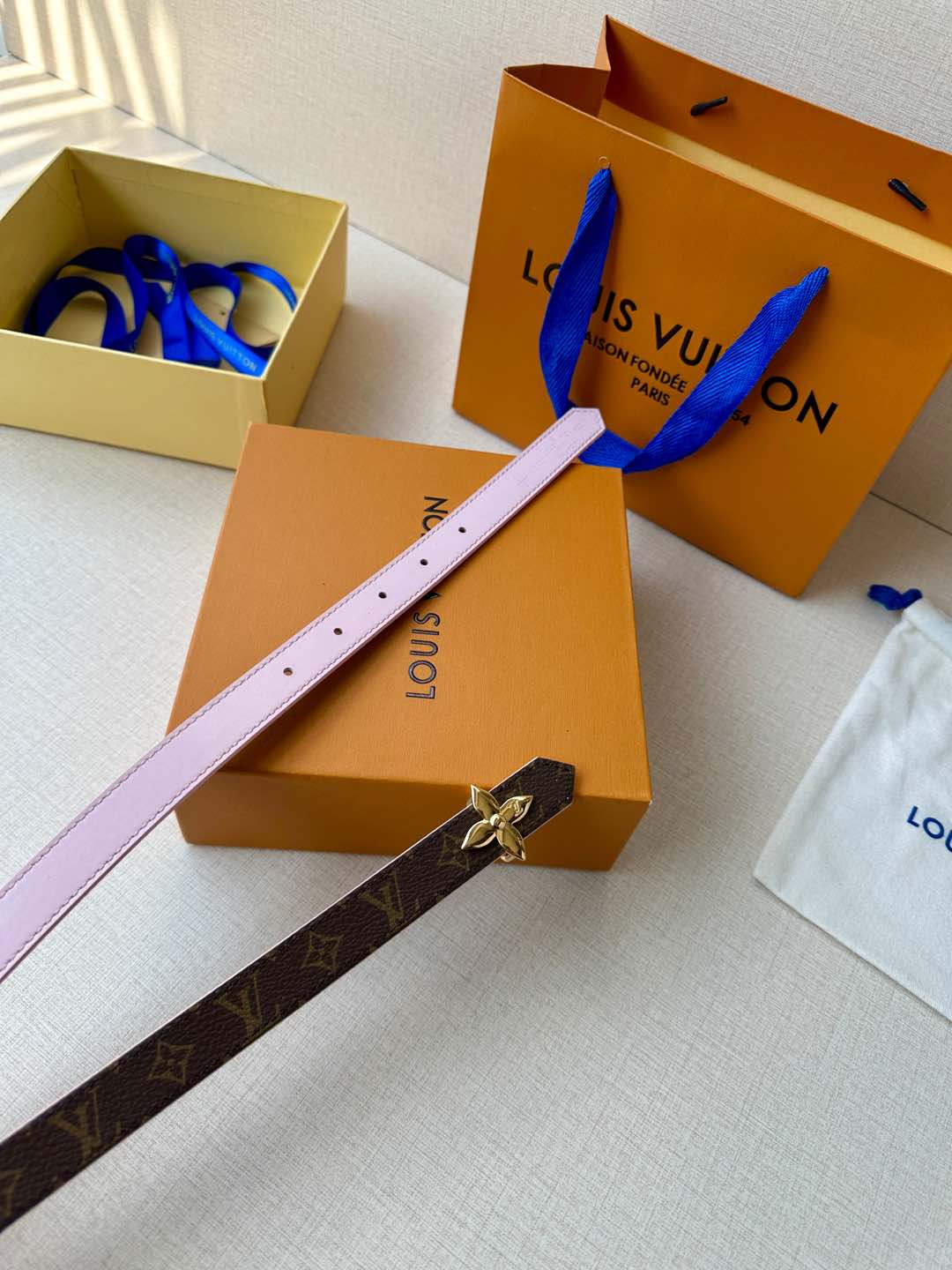 LV Flowergram 20mm Reversible Belt Pink Brown Calfskin