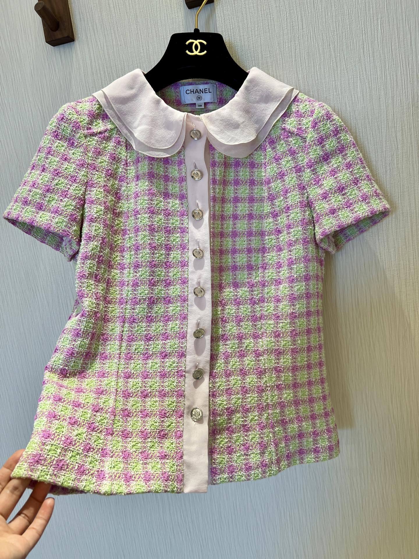 CC 25 Doll Collar Top Pink Green Tweed Fabric