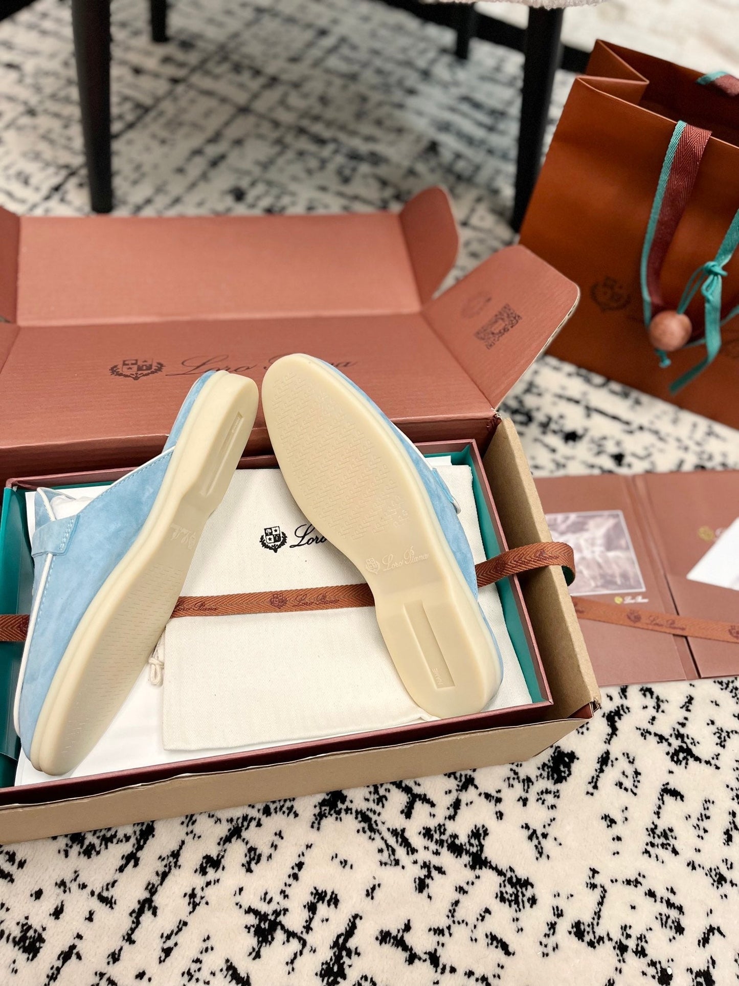 Loro Piana Blue Sky White Suede Charms Walk Flat Mules
