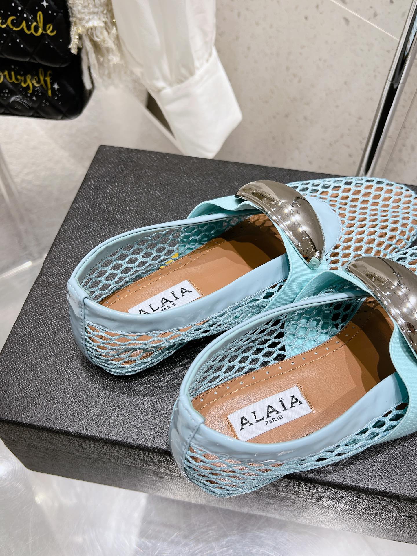 ballet flat jewel fishnet sky blue lambskin