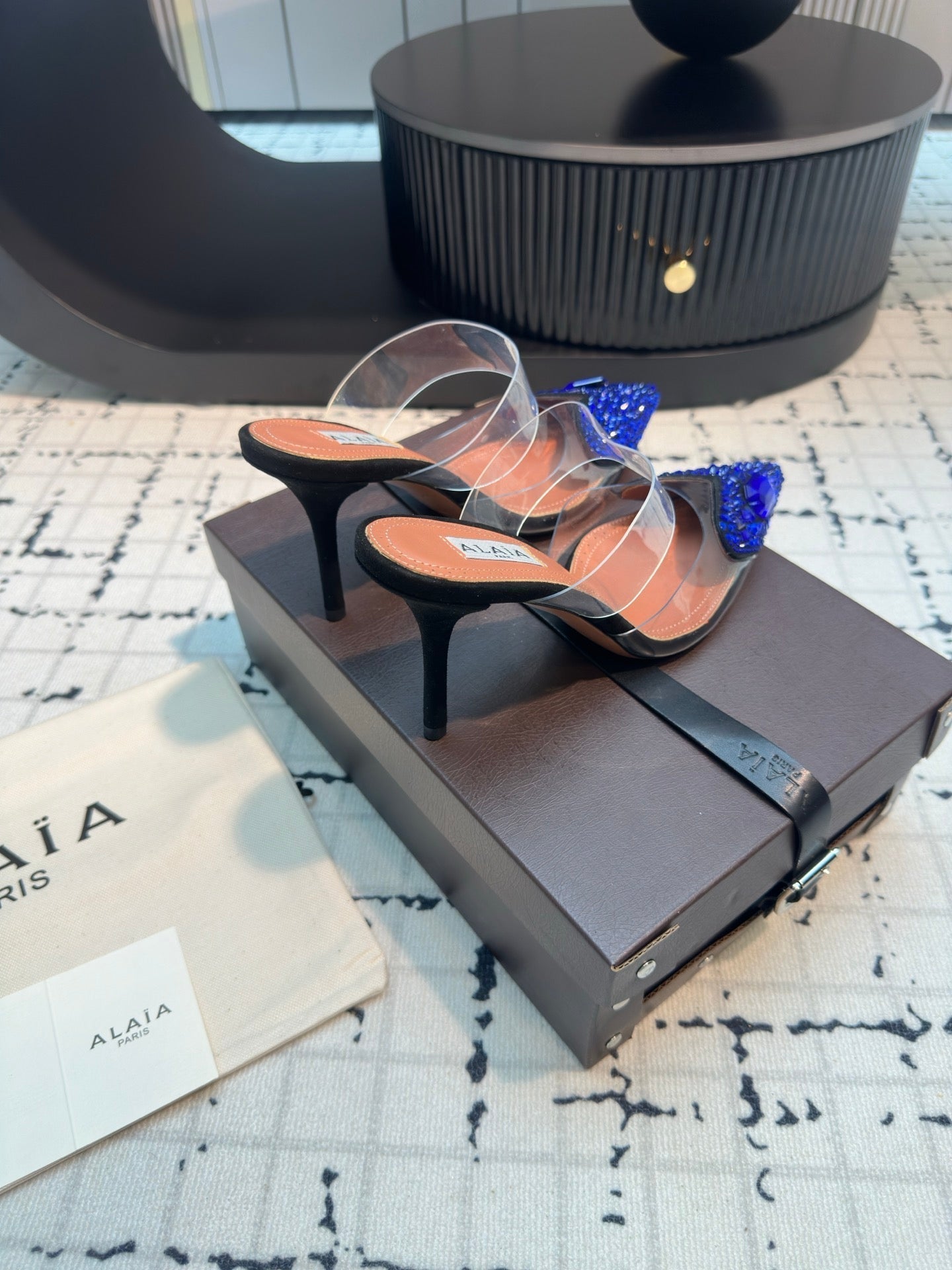 Alaia Heart With Crystals 90mm Heels Mules Dark Blue Sheepskin 800948