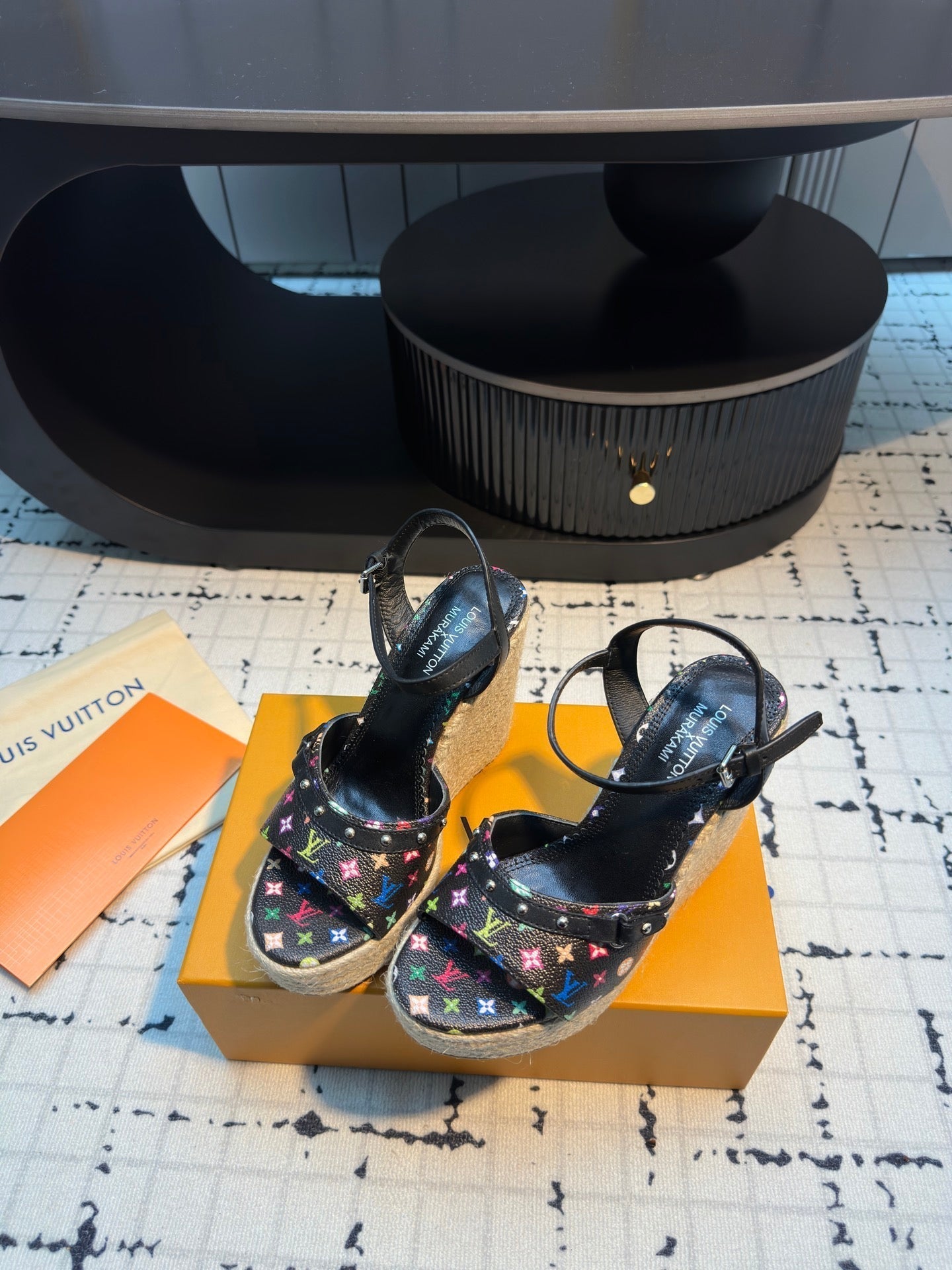 LV LV x TM Helios Wedge Sandal Black with Monogram Multicolore Leather 218917