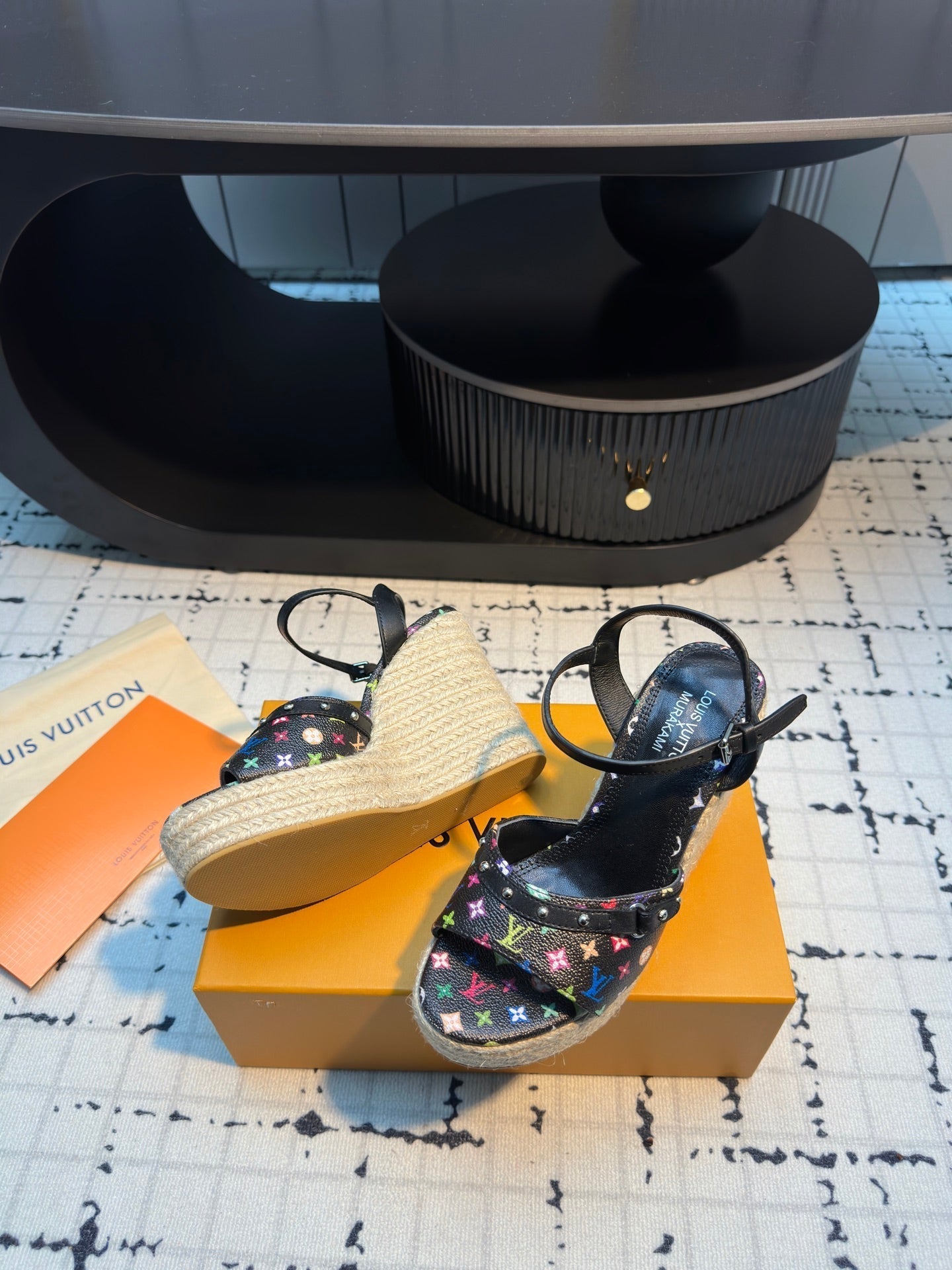 LV LV x TM Helios Wedge Sandal Black with Monogram Multicolore Leather 218917