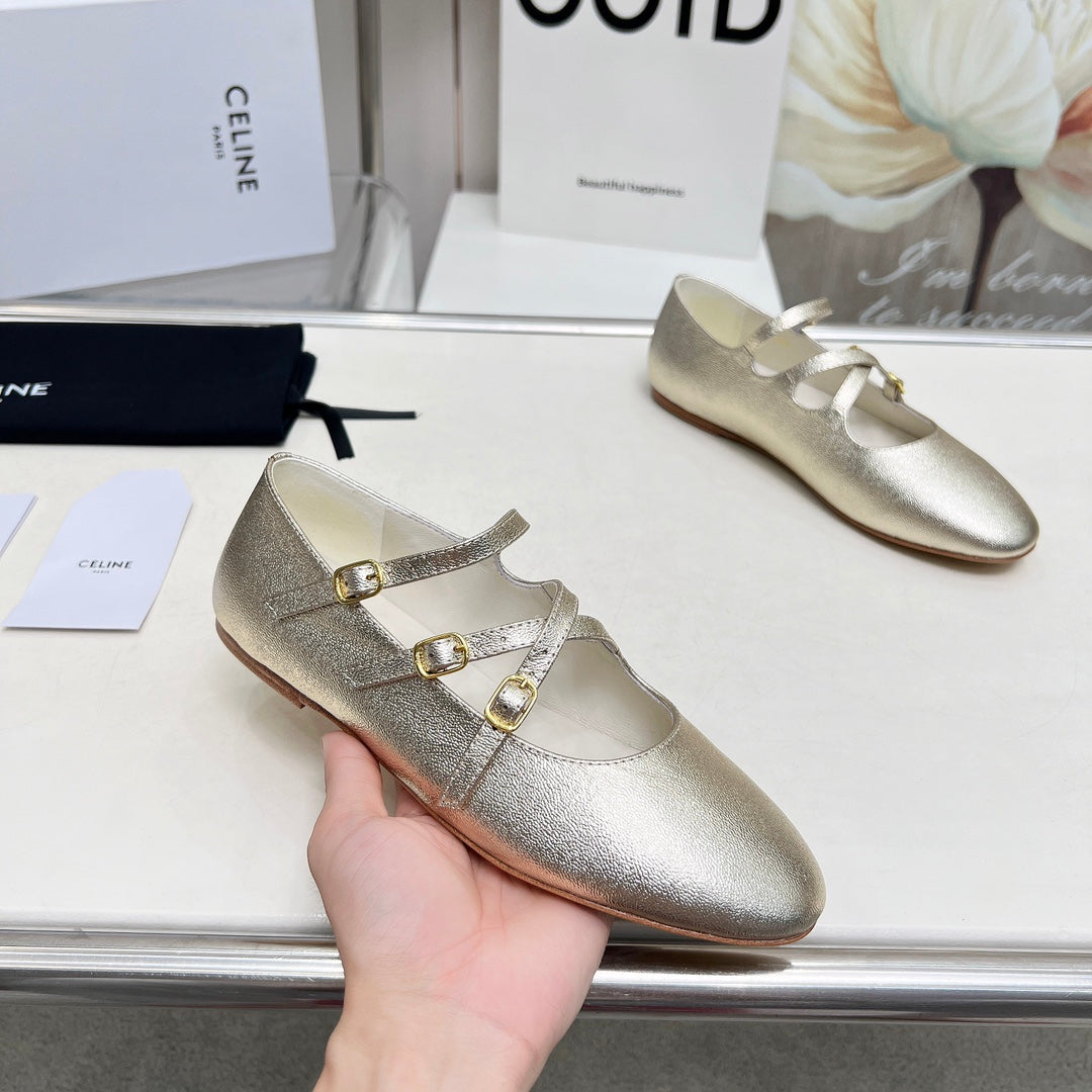 BALLET FLAT WITH CROSSOVER STRAP IN LIGHT GOLD LAMBSKIN