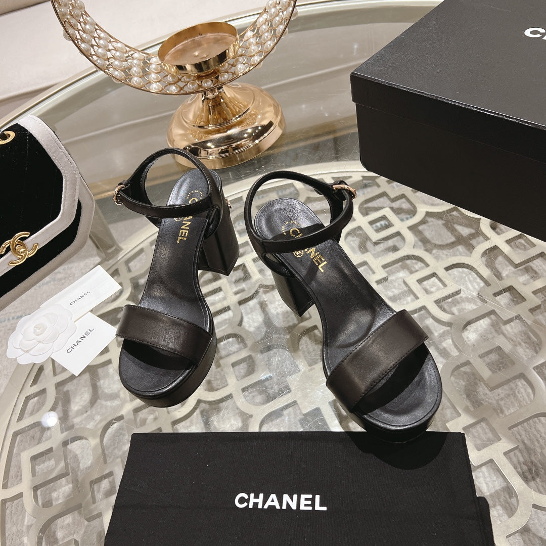 CC 25C 10CM Mid Heed Sandals Black Italian Leather 213318