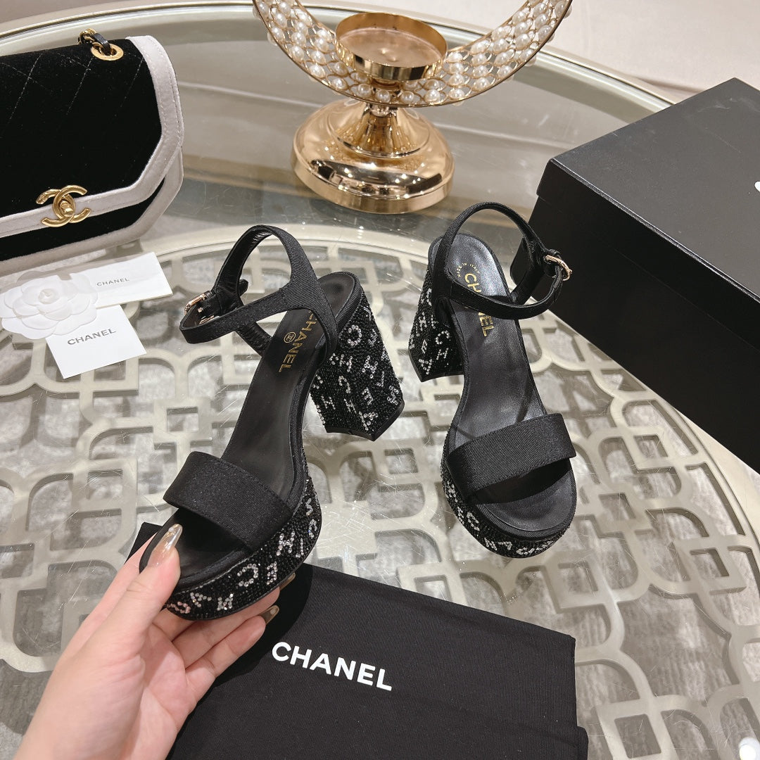 CC 25C 10CM Mid Heed Sandals Black Fabric 213324