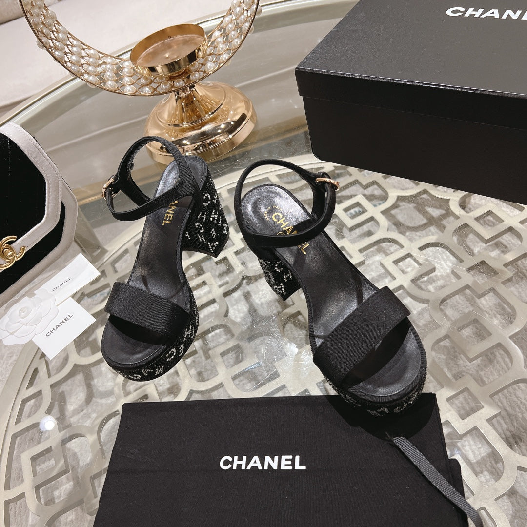 CC 25C 10CM Mid Heed Sandals Black Fabric 213324