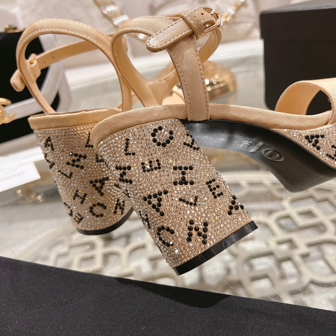 CC 25C 10CM Mid Heed Sandals Cream Fabric 213326