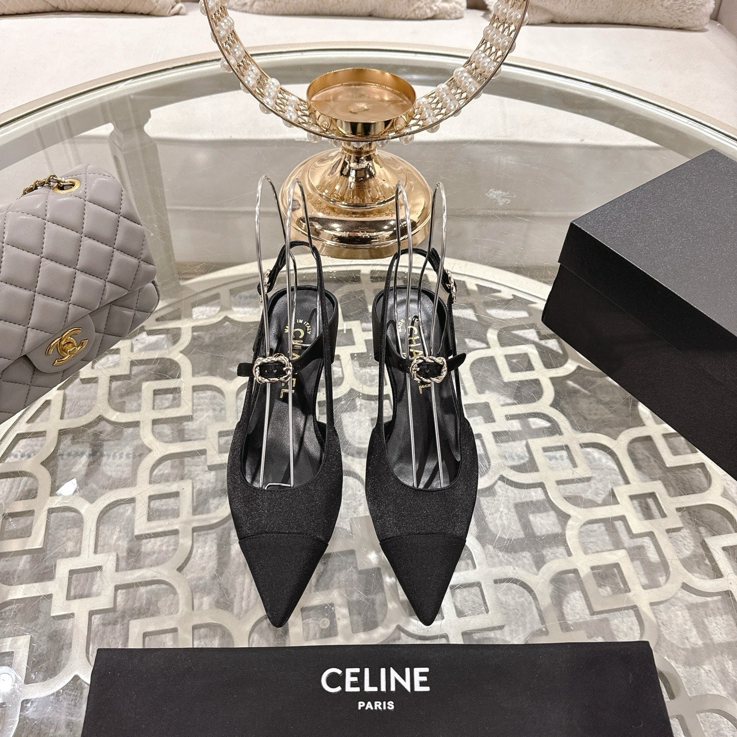CC 25 Slingback heel Black Silk and Sheepskin 268921