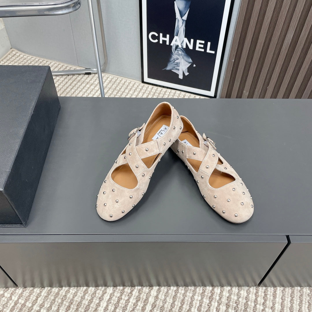 Alaia 2025 Criss Cross With Stud Ballet Flats Nude Suede 293206