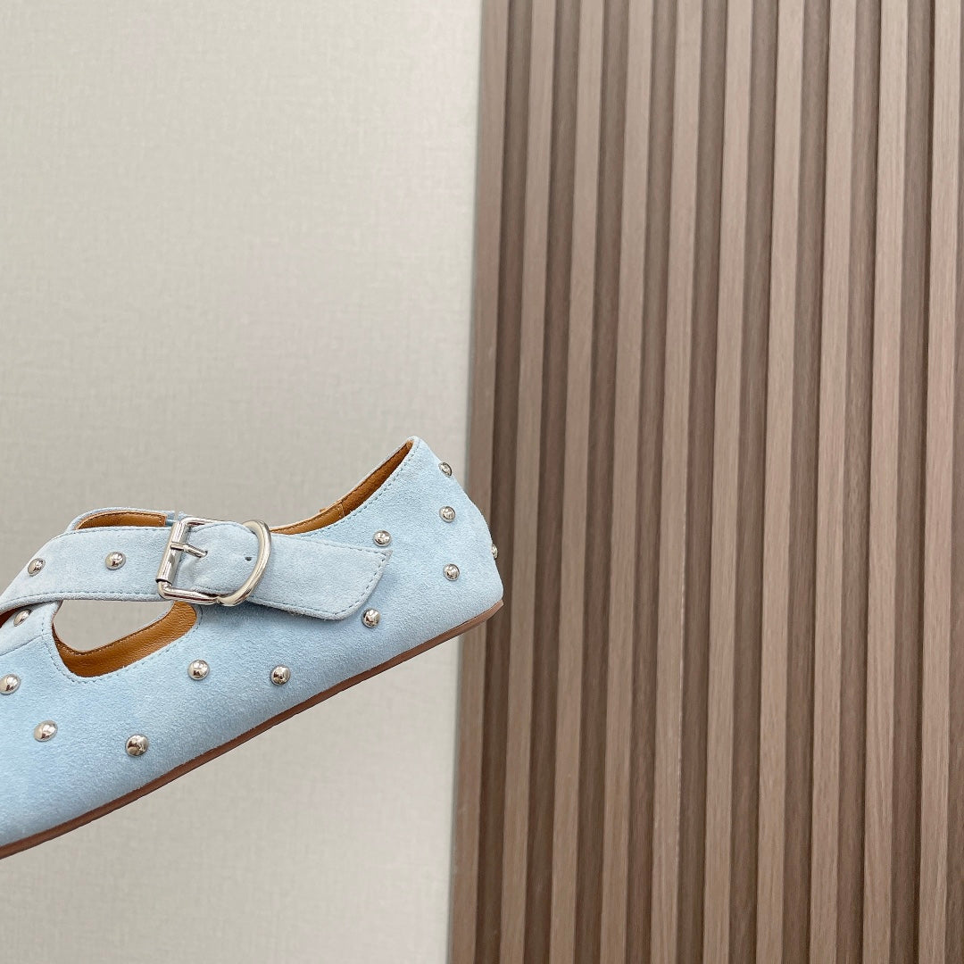 Alaia 2025 Criss Cross With Stud Ballet Flats Light Blue Suede 293212