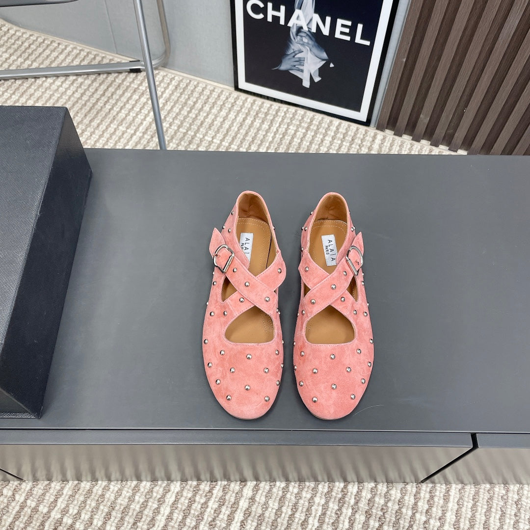 Alaia 2025 Criss Cross With Stud Ballet Flats Pink Suede 293216
