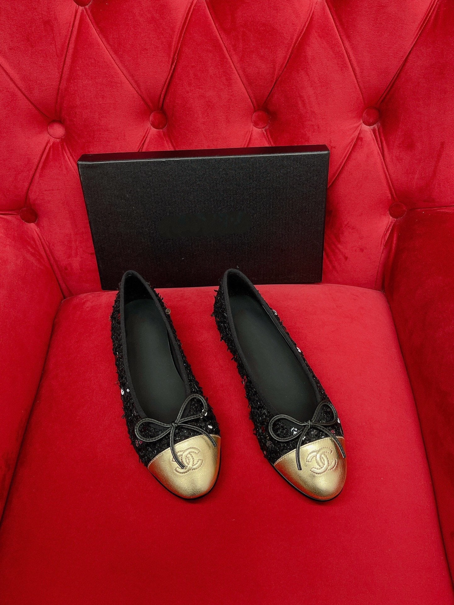 ballet flat black gold tweed metal calfskin