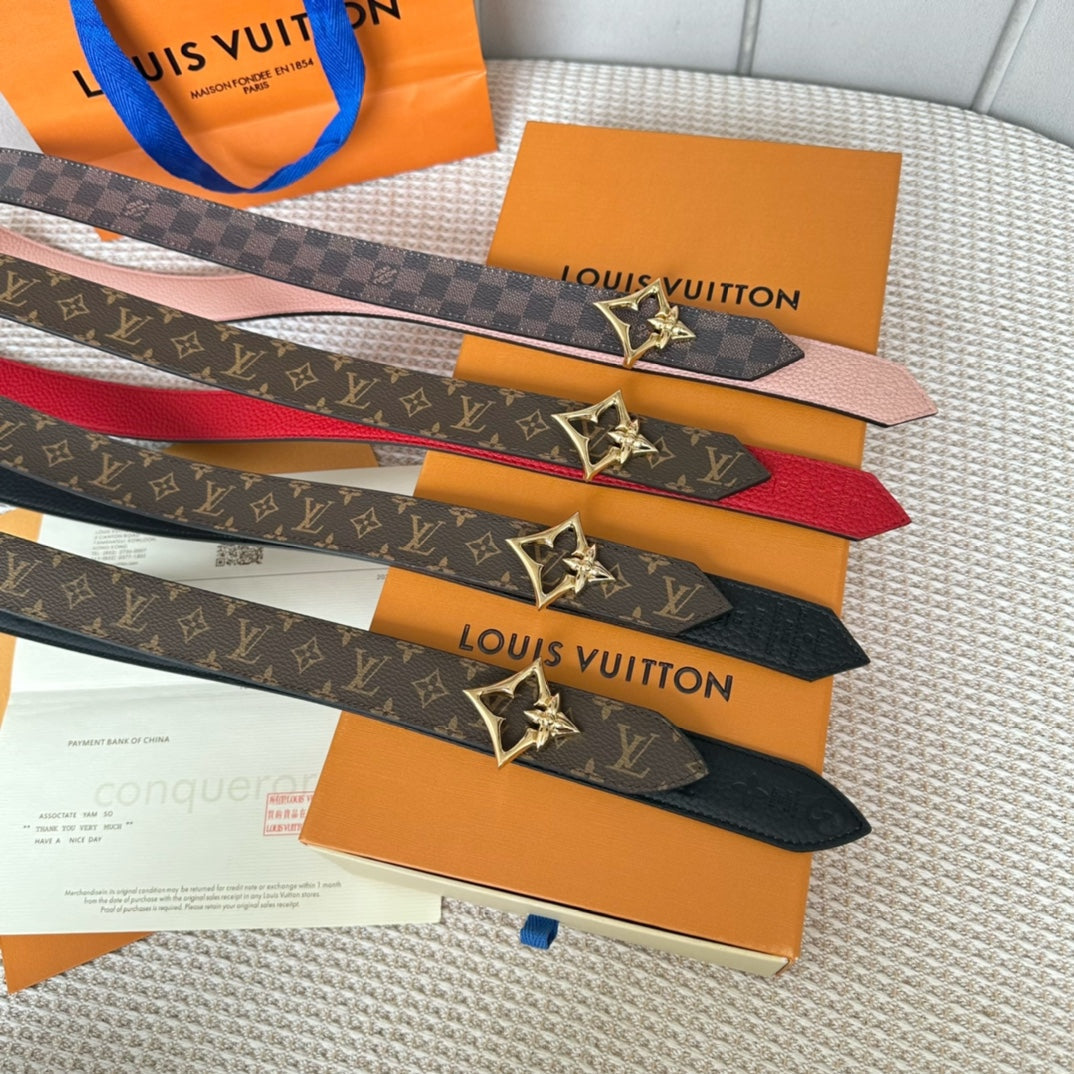 LV FLOWERGRAM 30MM REVERSIBLE BELT IN BLACK CALFSKIN GOLD HARDWARE