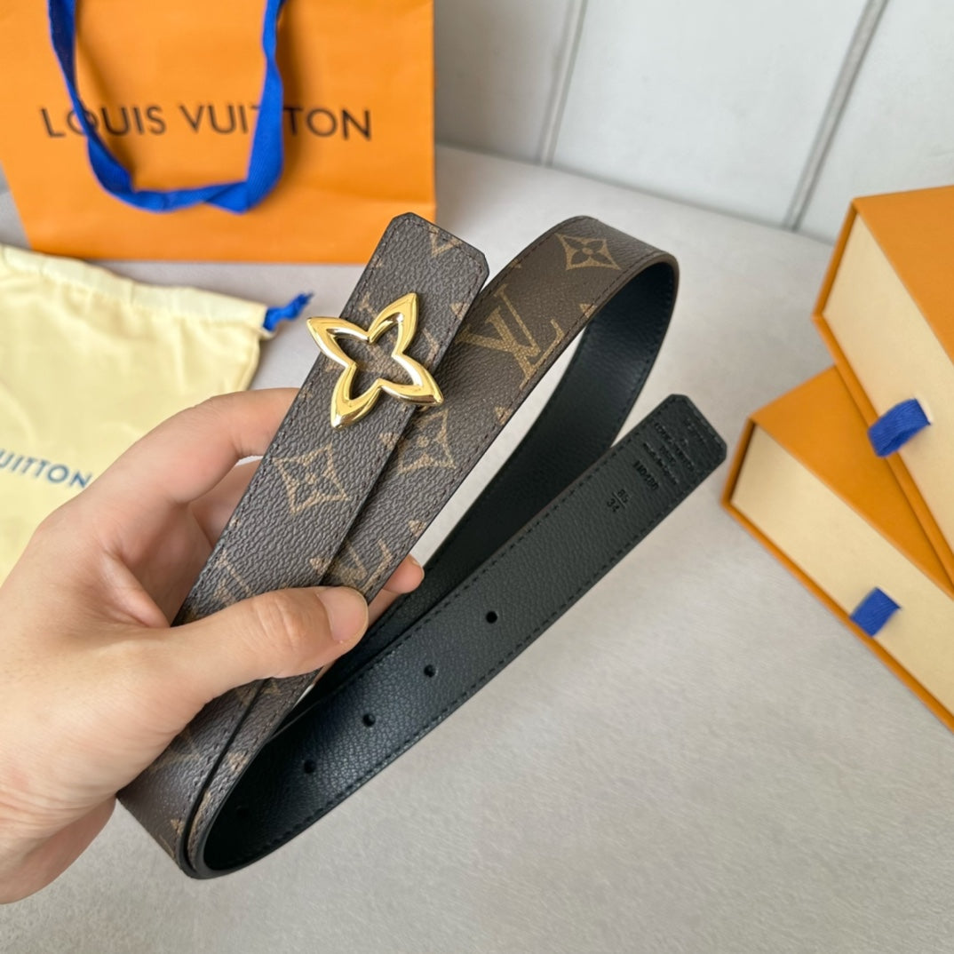 LV MINI FLOWERGRAM 30MM REVERSIBLE BELT IN BLACK CALFSKIN GOLD HARDWARE