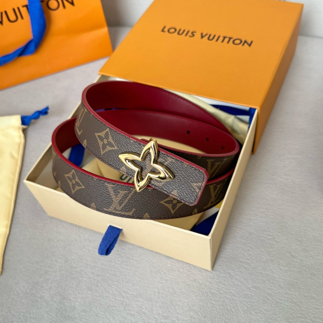 LV MINI FLOWERGRAM 30MM REVERSIBLE BELT IN BLOOD RED CALFSKIN GOLD HARDWARE
