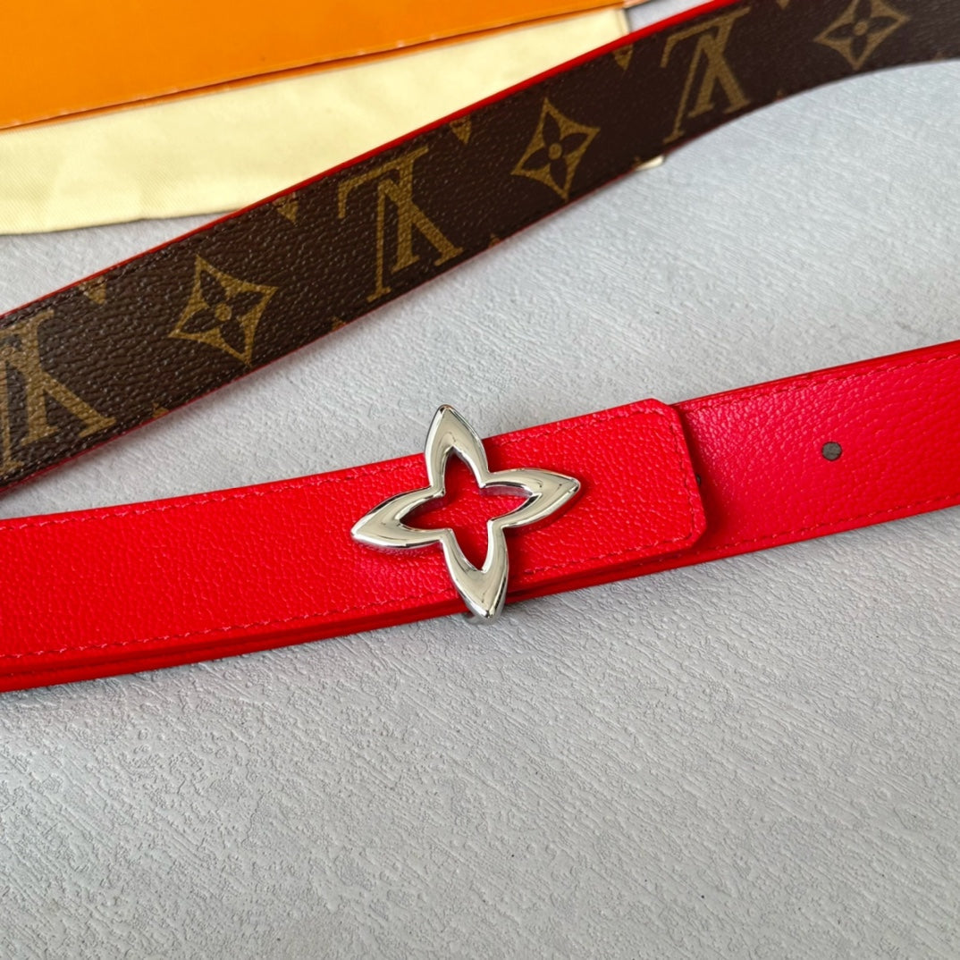 LV MINI FLOWERGRAM 30MM REVERSIBLE BELT IN CHERRY RED CALFSKIN SILVER HARDWARE