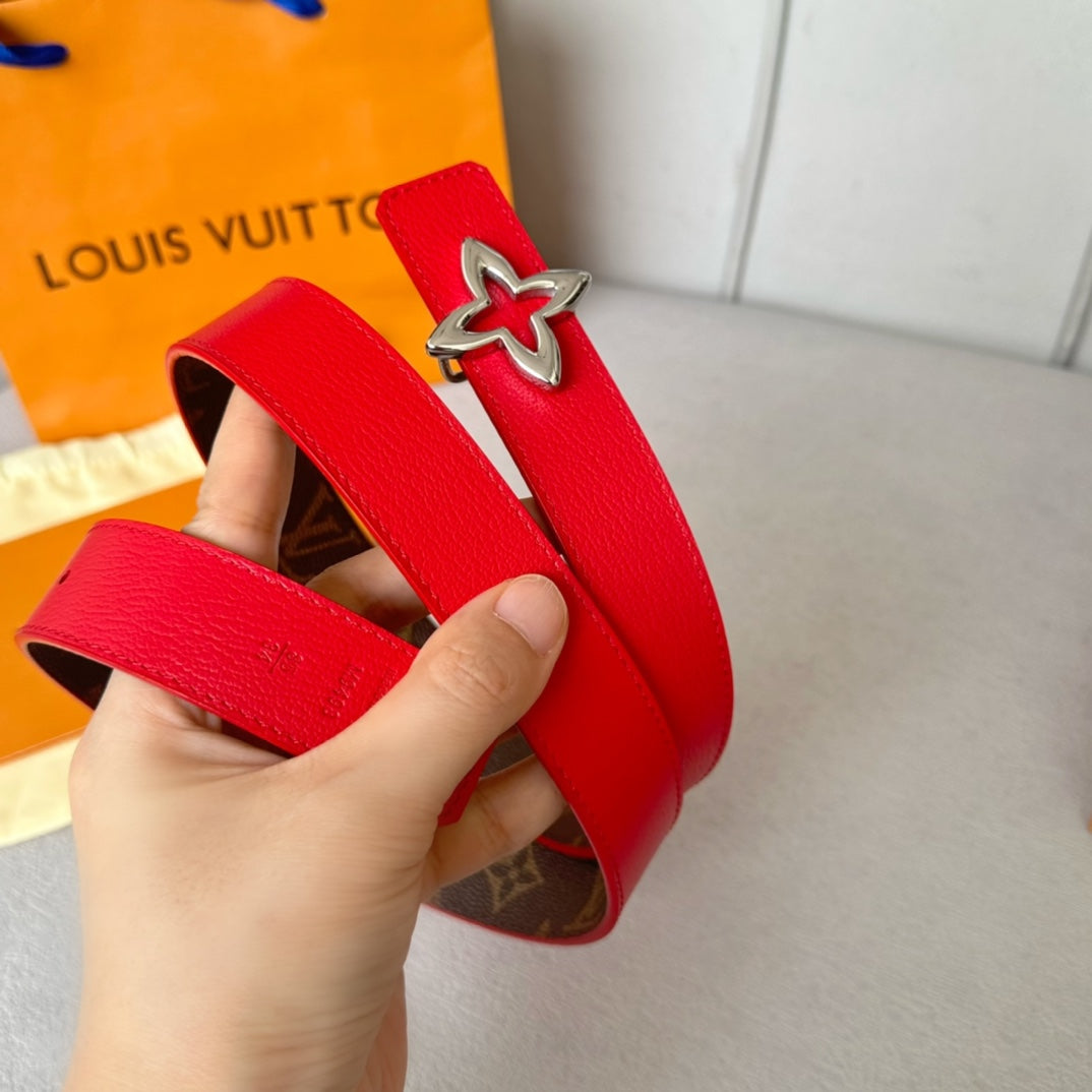 LV MINI FLOWERGRAM 30MM REVERSIBLE BELT IN CHERRY RED CALFSKIN SILVER HARDWARE
