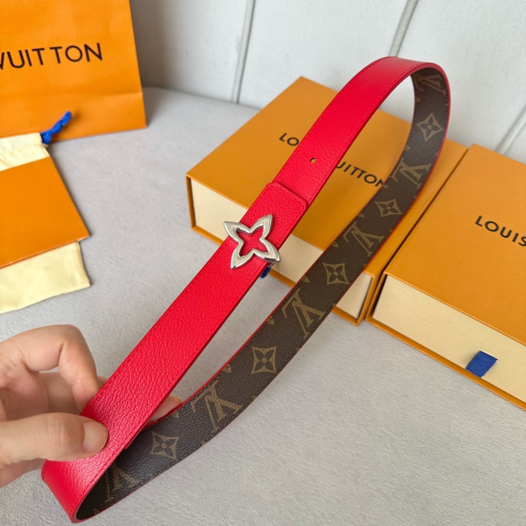 LV MINI FLOWERGRAM 30MM REVERSIBLE BELT IN CHERRY RED CALFSKIN SILVER HARDWARE