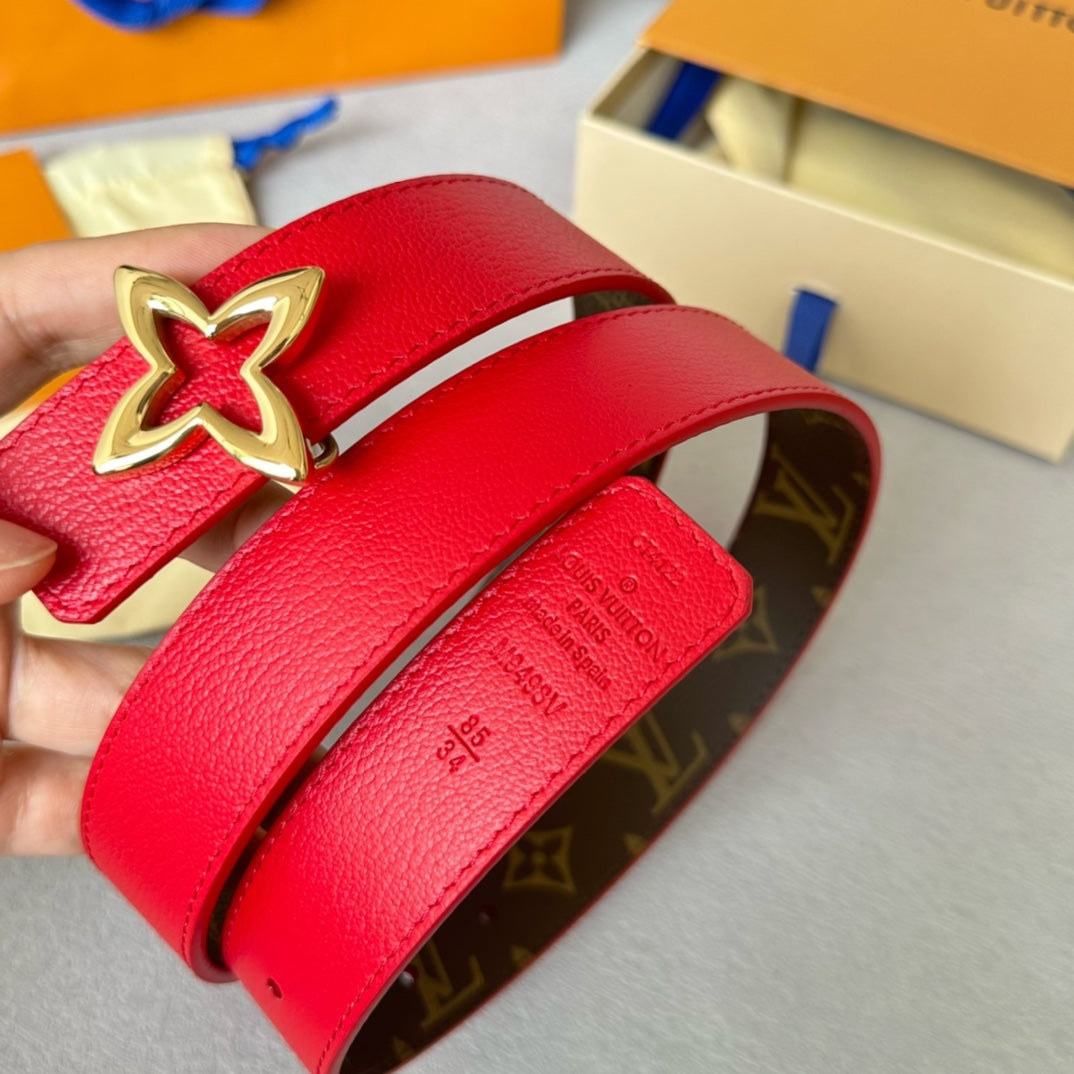 LV MINI FLOWERGRAM 30MM REVERSIBLE BELT IN CHERRY RED CALFSKIN GOLD HARDWARE
