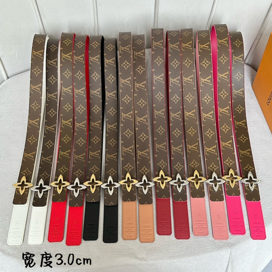 LV MINI FLOWERGRAM 30MM REVERSIBLE BELT IN CHERRY RED CALFSKIN GOLD HARDWARE