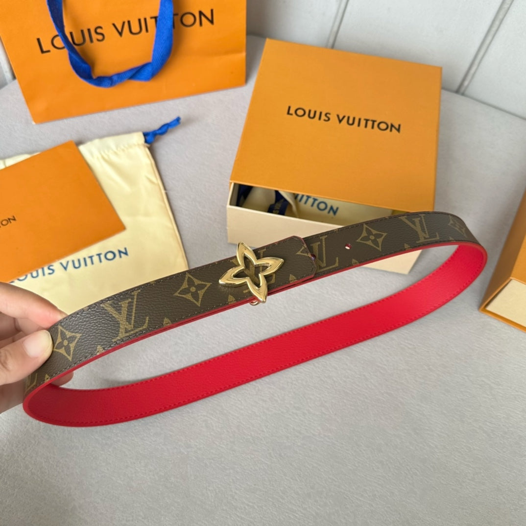 LV MINI FLOWERGRAM 30MM REVERSIBLE BELT IN CHERRY RED CALFSKIN GOLD HARDWARE