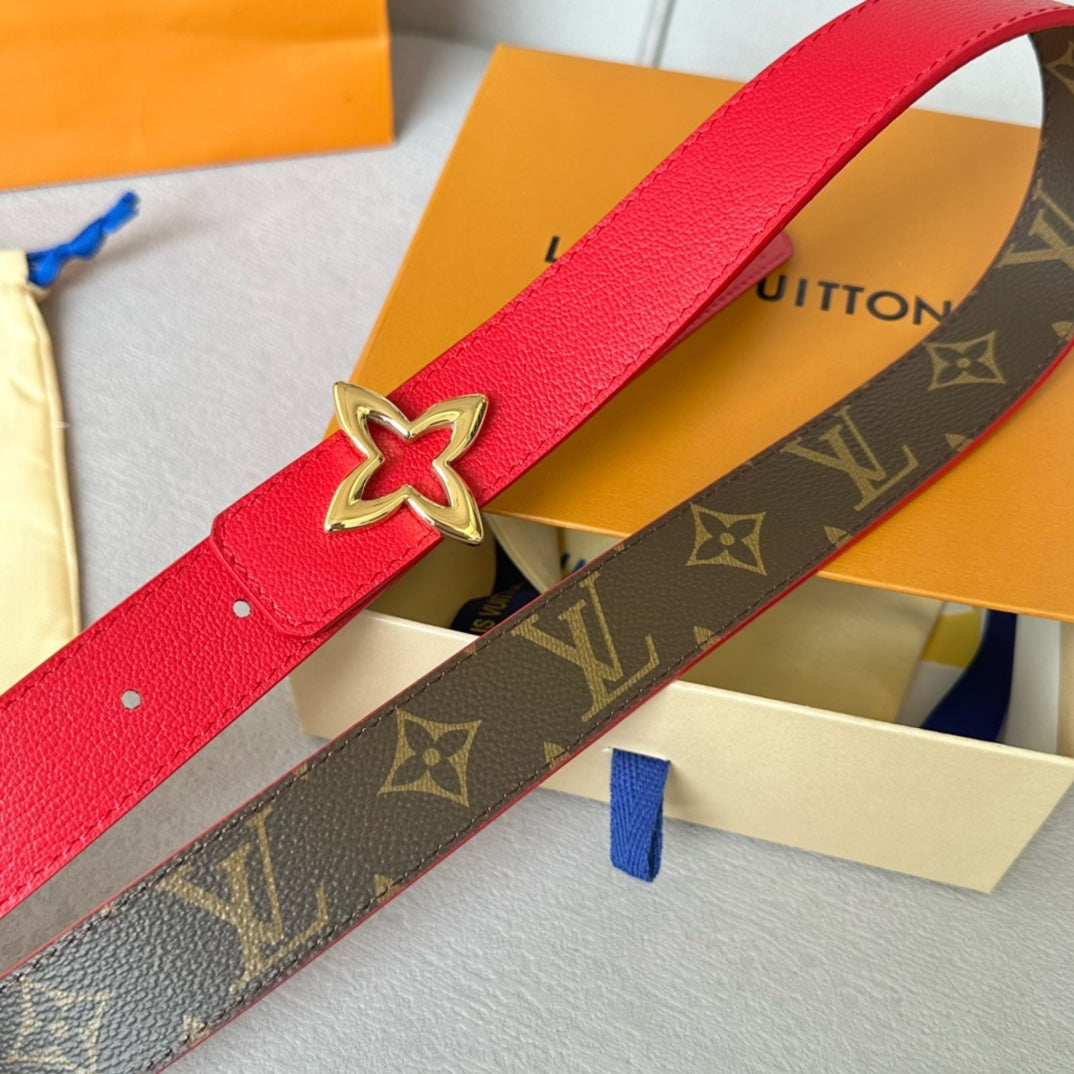 LV MINI FLOWERGRAM 30MM REVERSIBLE BELT IN CHERRY RED CALFSKIN GOLD HARDWARE
