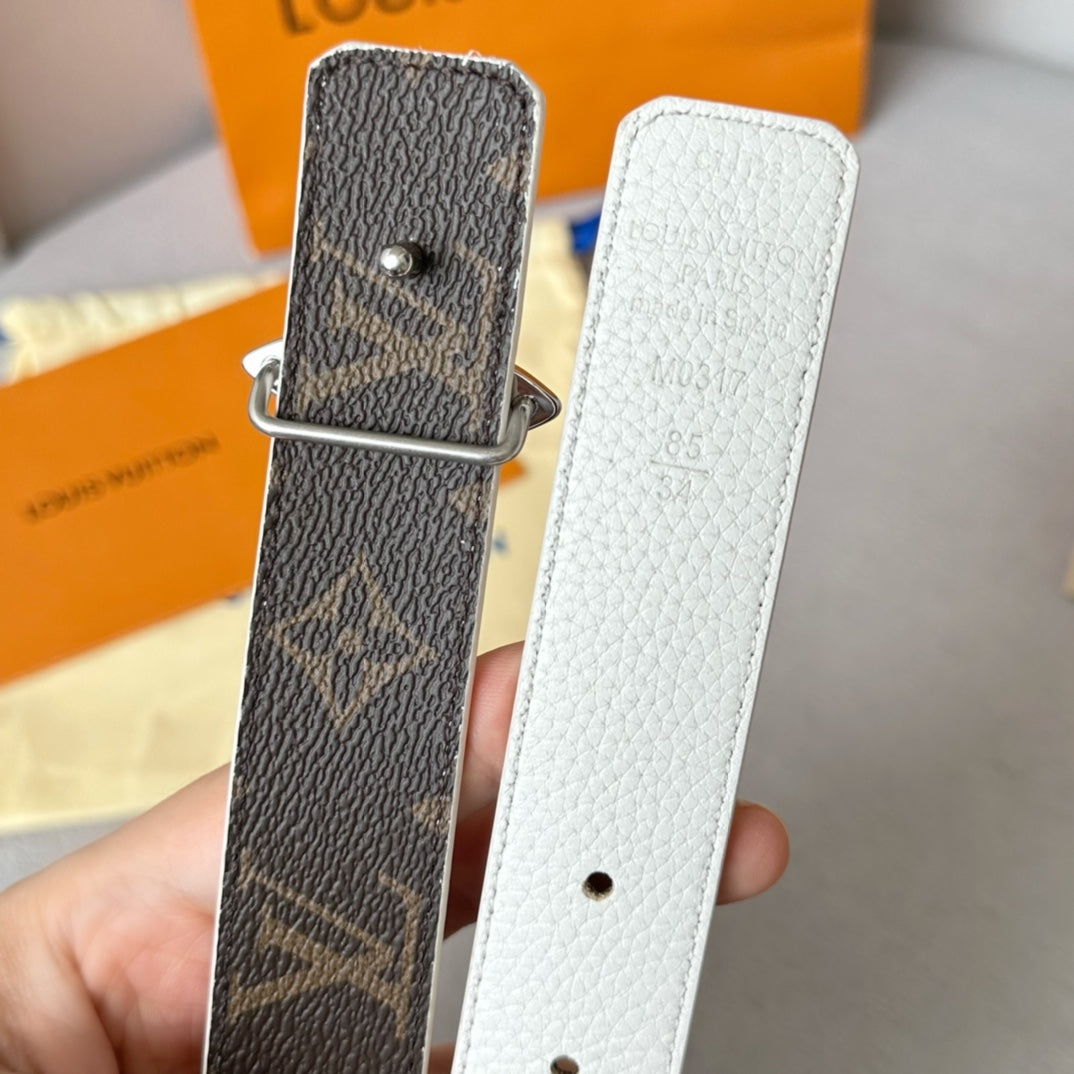 LV MINI FLOWERGRAM 30MM REVERSIBLE BELT IN WHITE CALFSKIN SILVER HARDWARE