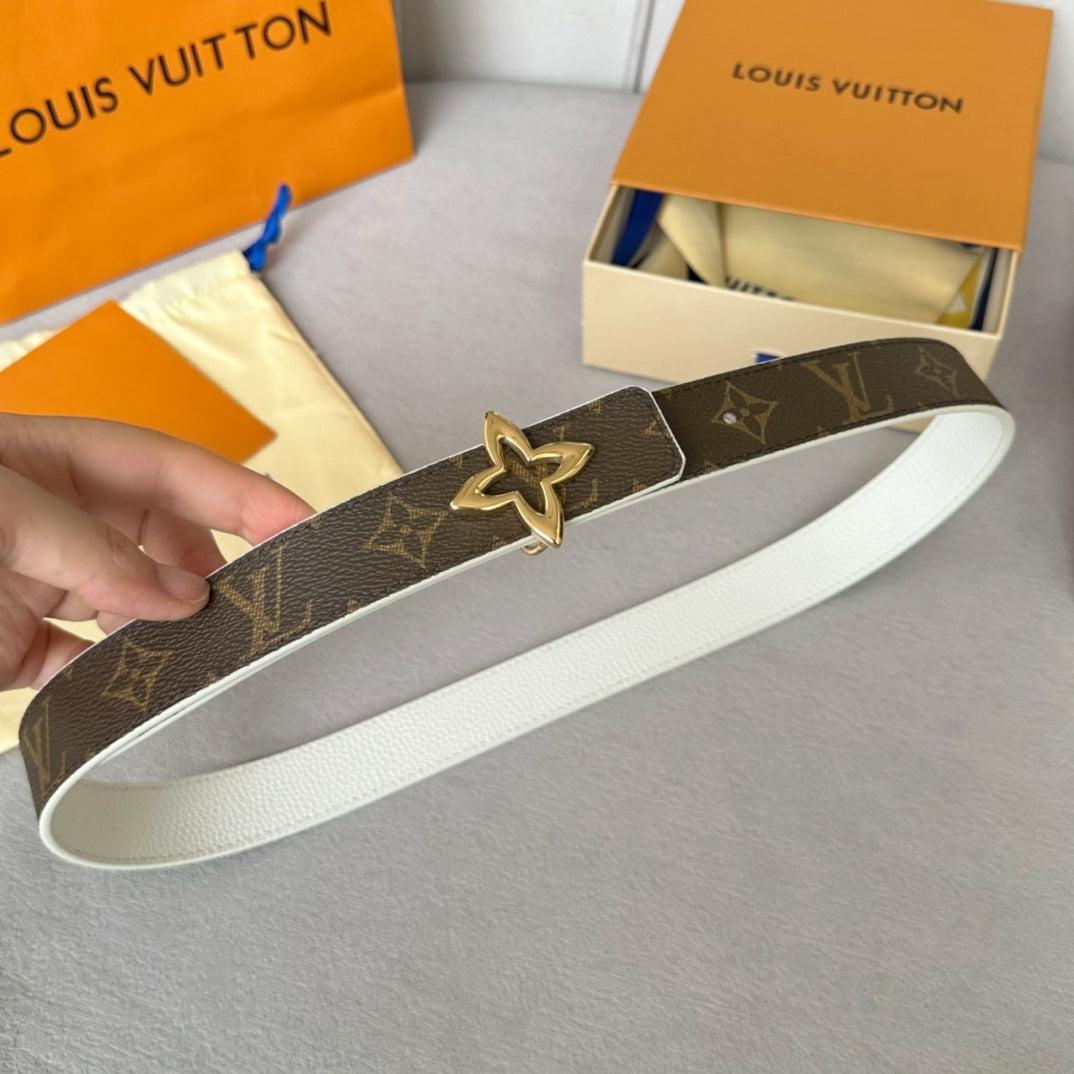 LV MINI FLOWERGRAM 30MM REVERSIBLE BELT IN WHITE CALFSKIN GOLD HARDWARE