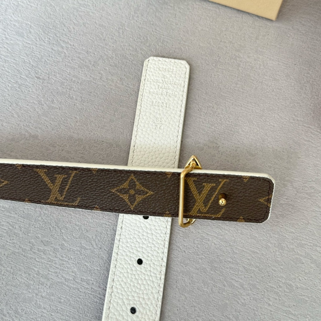 LV MINI FLOWERGRAM 30MM REVERSIBLE BELT IN WHITE CALFSKIN GOLD HARDWARE