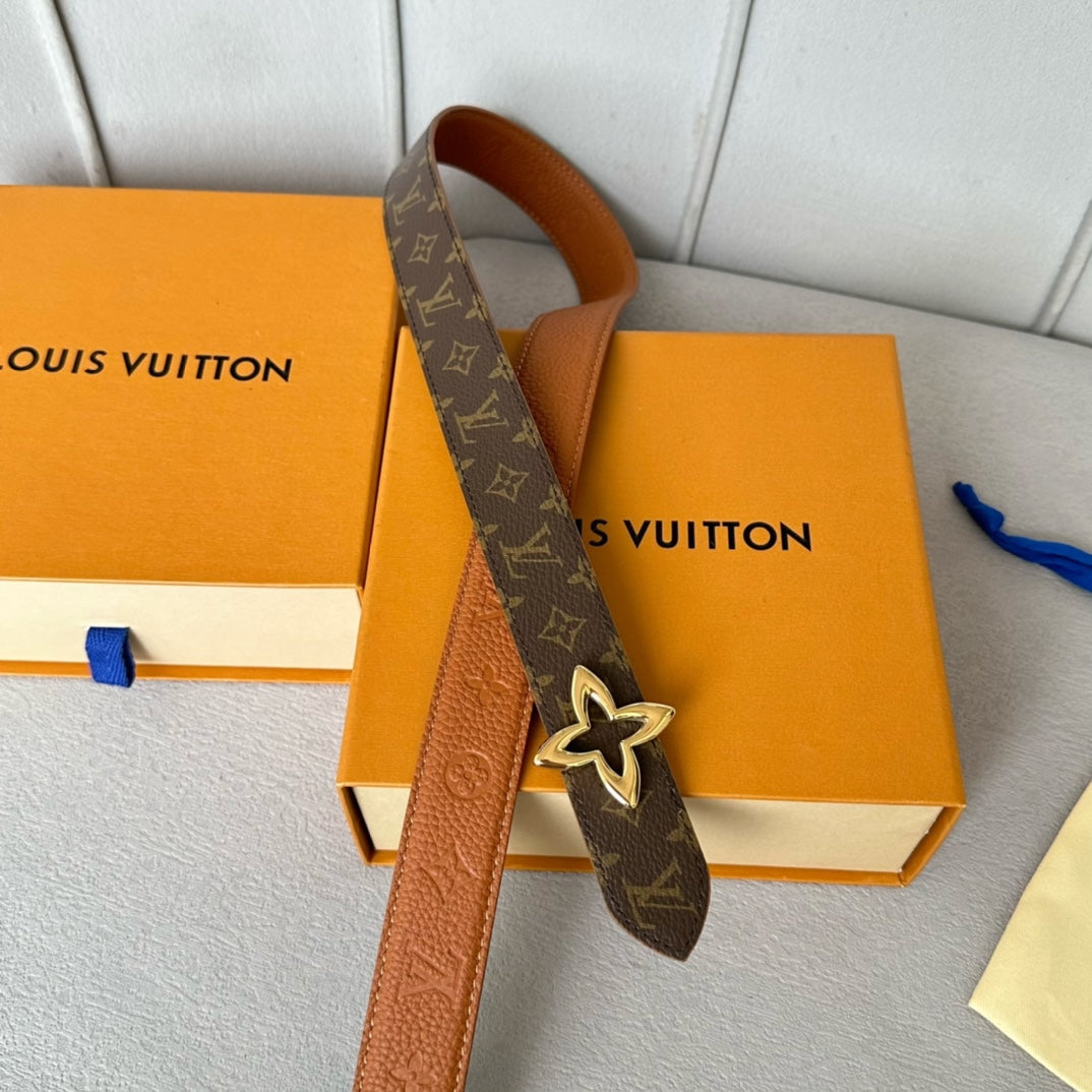 LV MINI FLOWERGRAM 30MM REVERSIBLE BELT IN BRONZE BROWN EMBOSSED CALFSKIN GOLD HARDWARE
