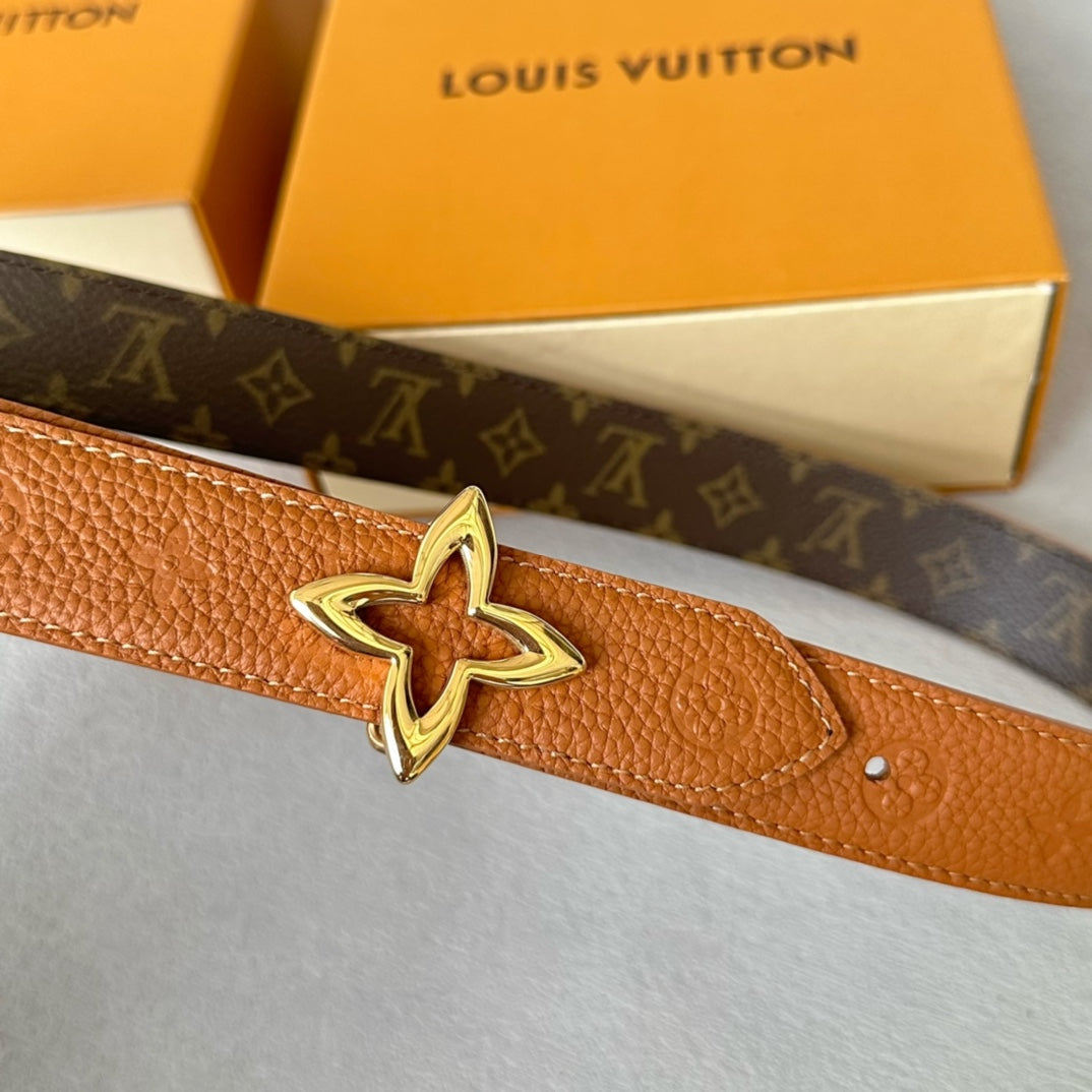 LV MINI FLOWERGRAM 30MM REVERSIBLE BELT IN BRONZE BROWN EMBOSSED CALFSKIN GOLD HARDWARE