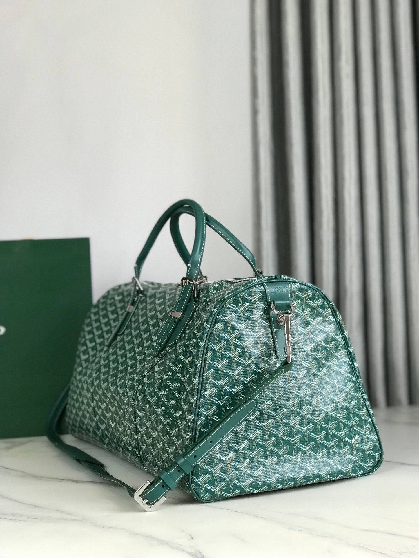 BOSTON 50 BAG IN GREEN GOYARDINE CANVAS AND CALFSKIN TRIM