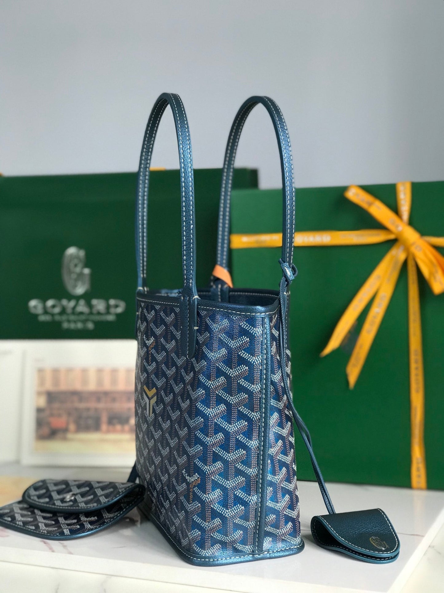 ANJOU MINI BAG 20 IN NAVY BLUE CALFSKIN AND GOYARDINE CANVAS