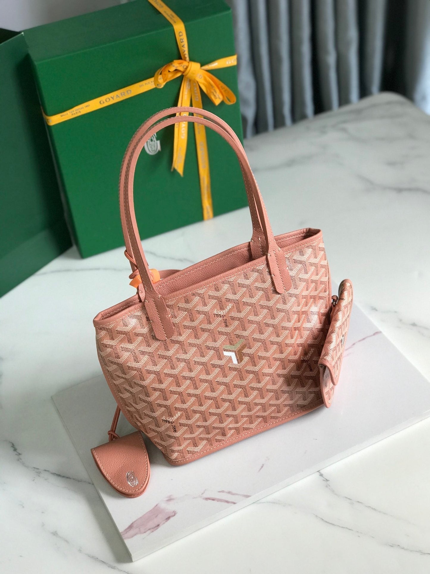 ANJOU MINI BAG 20 IN MANHATTAN PINK CALFSKIN AND GOYARDINE CANVAS