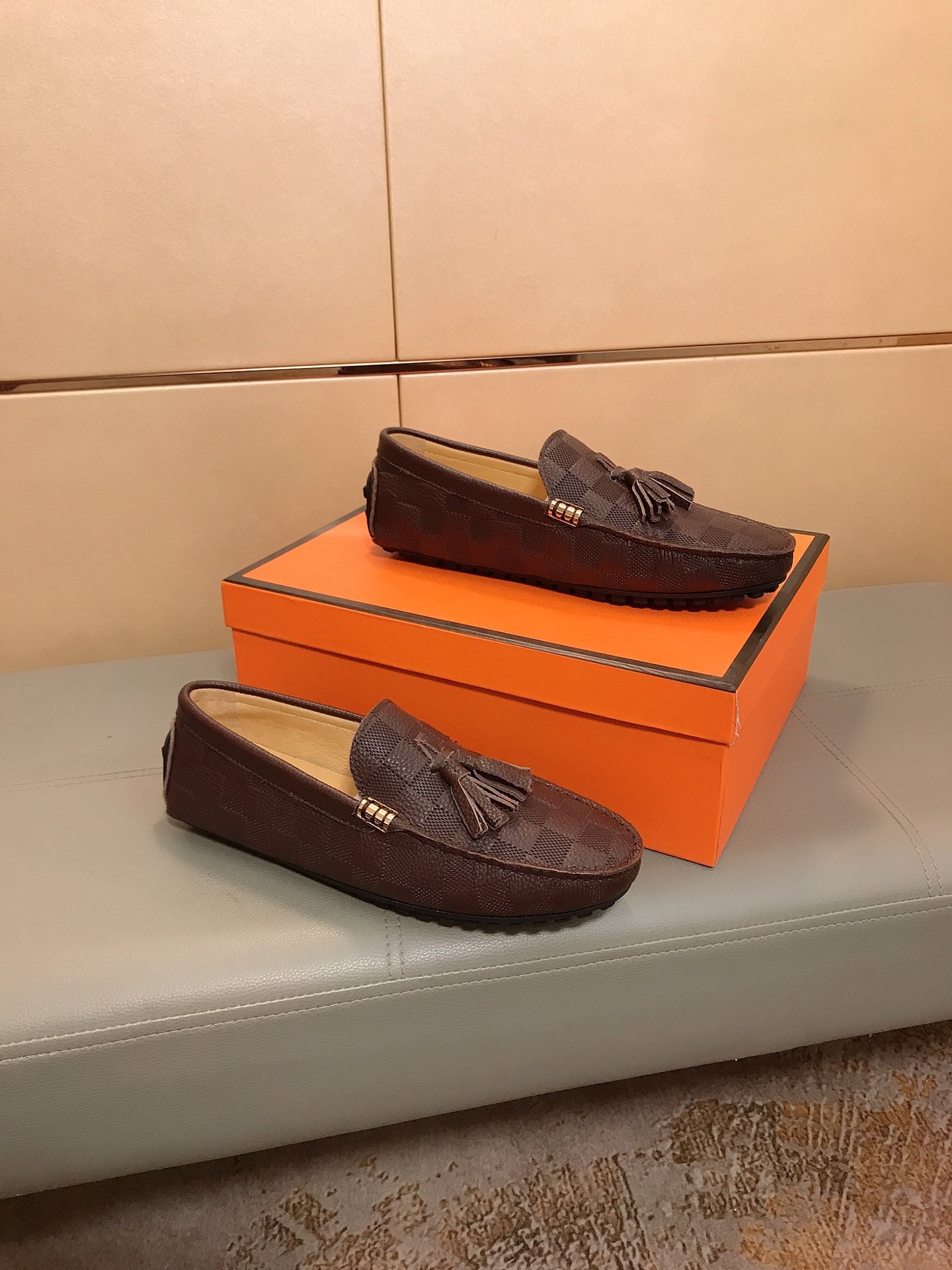 LV LOAFERS RUSSET BROWN DAMIER CALFSKIN WITH TASSEL