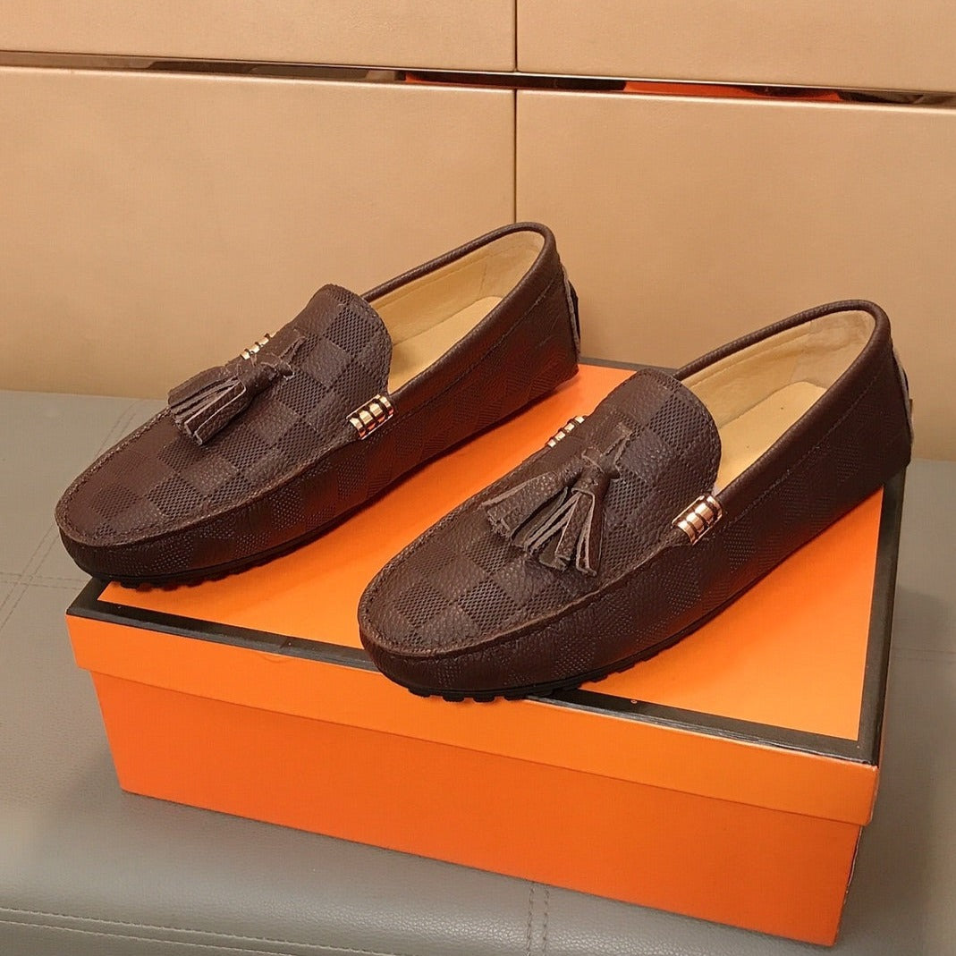 LV LOAFERS RUSSET BROWN DAMIER CALFSKIN WITH TASSEL