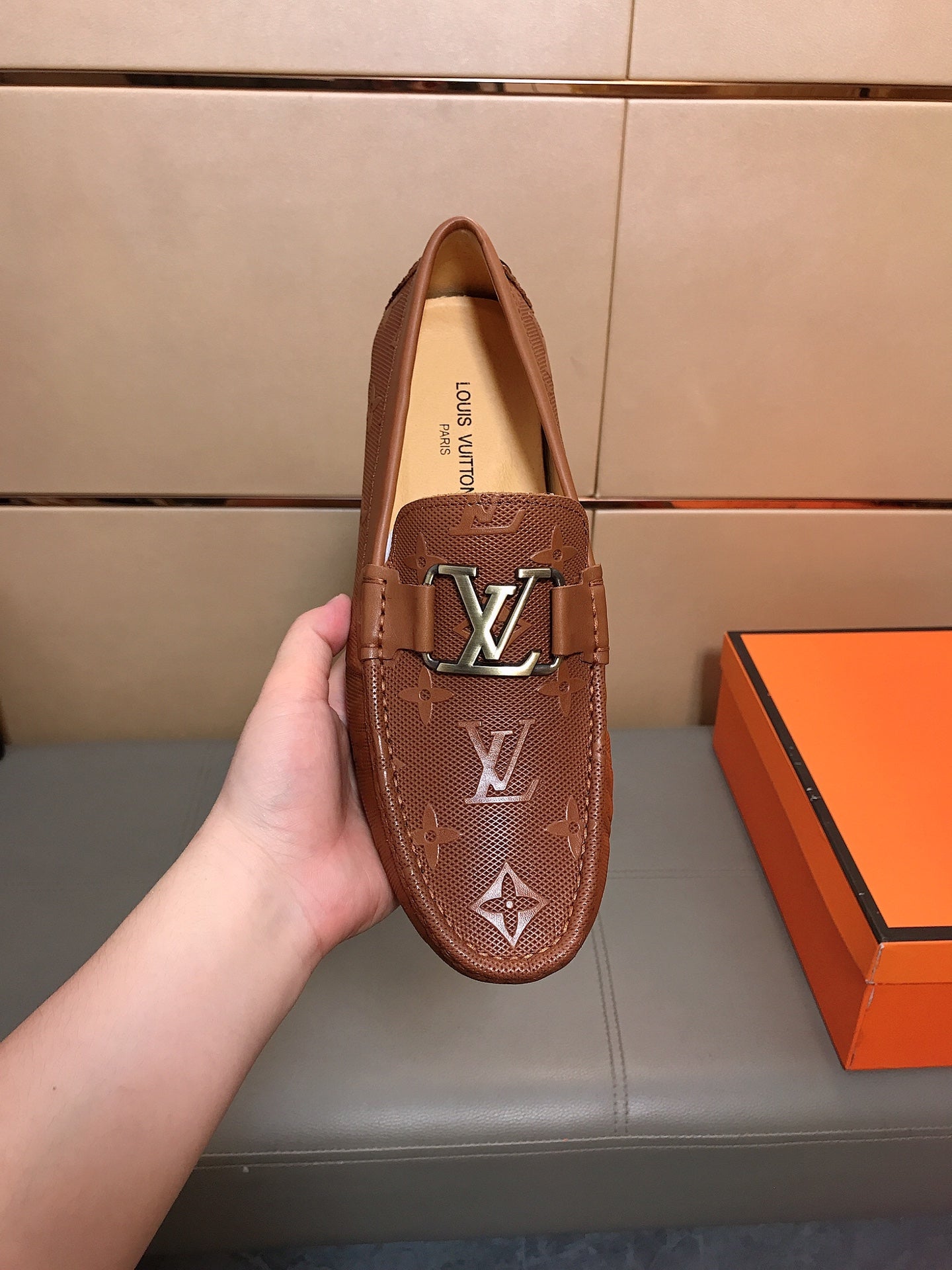 LV LOAFERS IN RUSSET BROWN CALFSKIN WITH BRANDED EMBOSSING