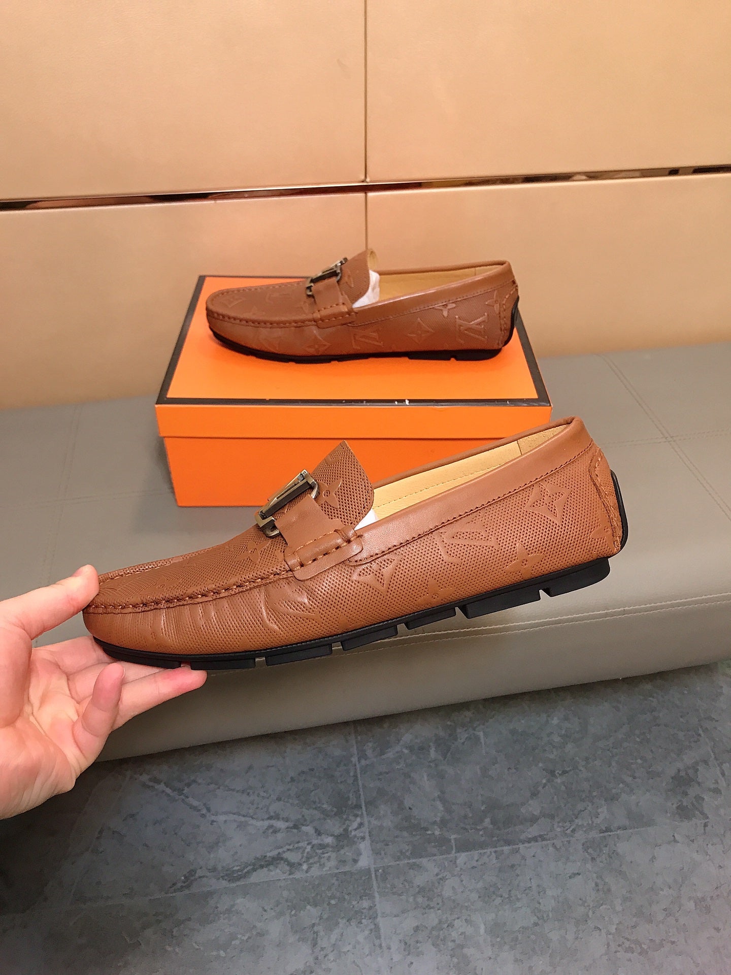 LV LOAFERS IN RUSSET BROWN CALFSKIN WITH BRANDED EMBOSSING