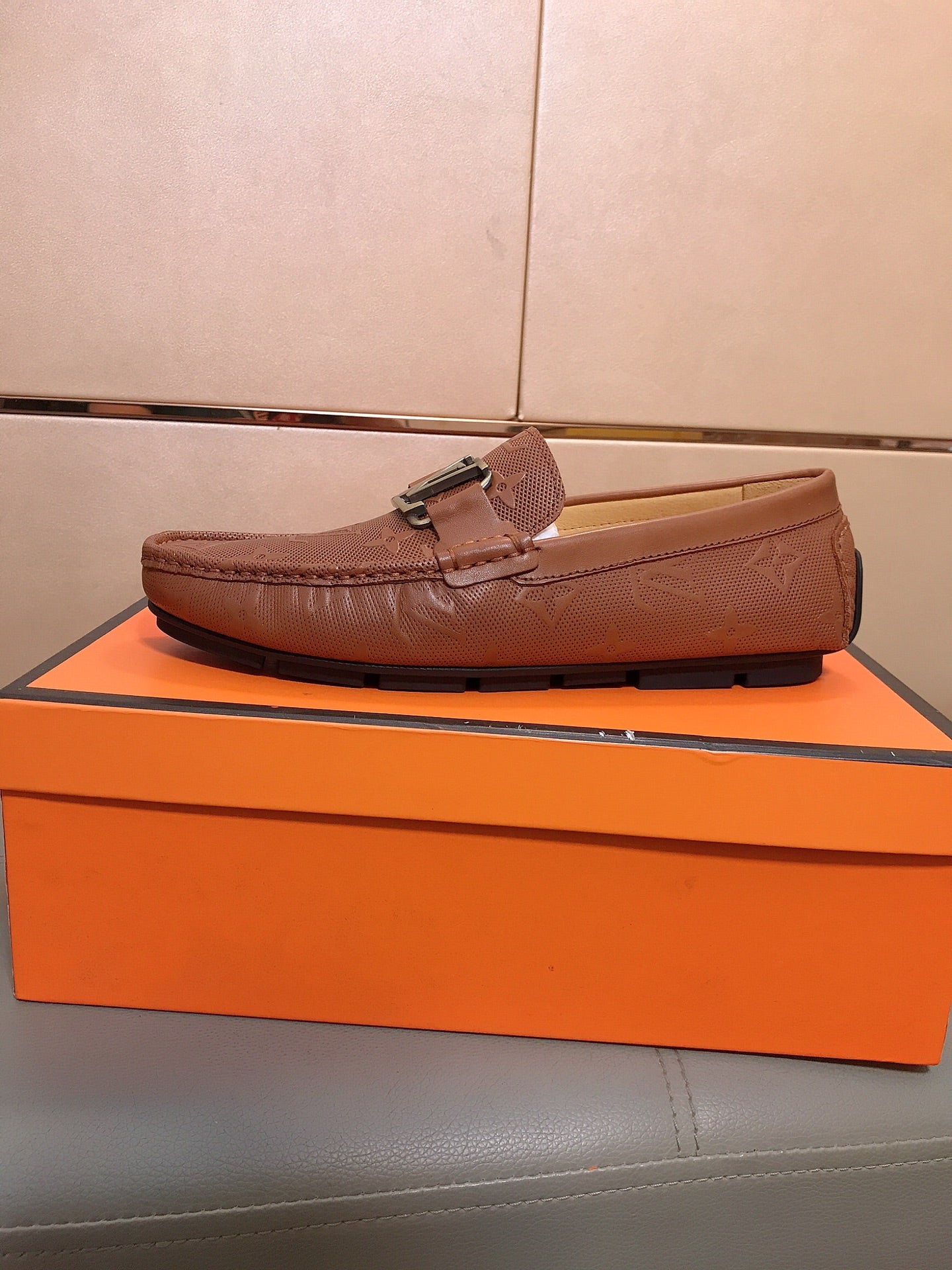 LV LOAFERS IN RUSSET BROWN CALFSKIN WITH BRANDED EMBOSSING
