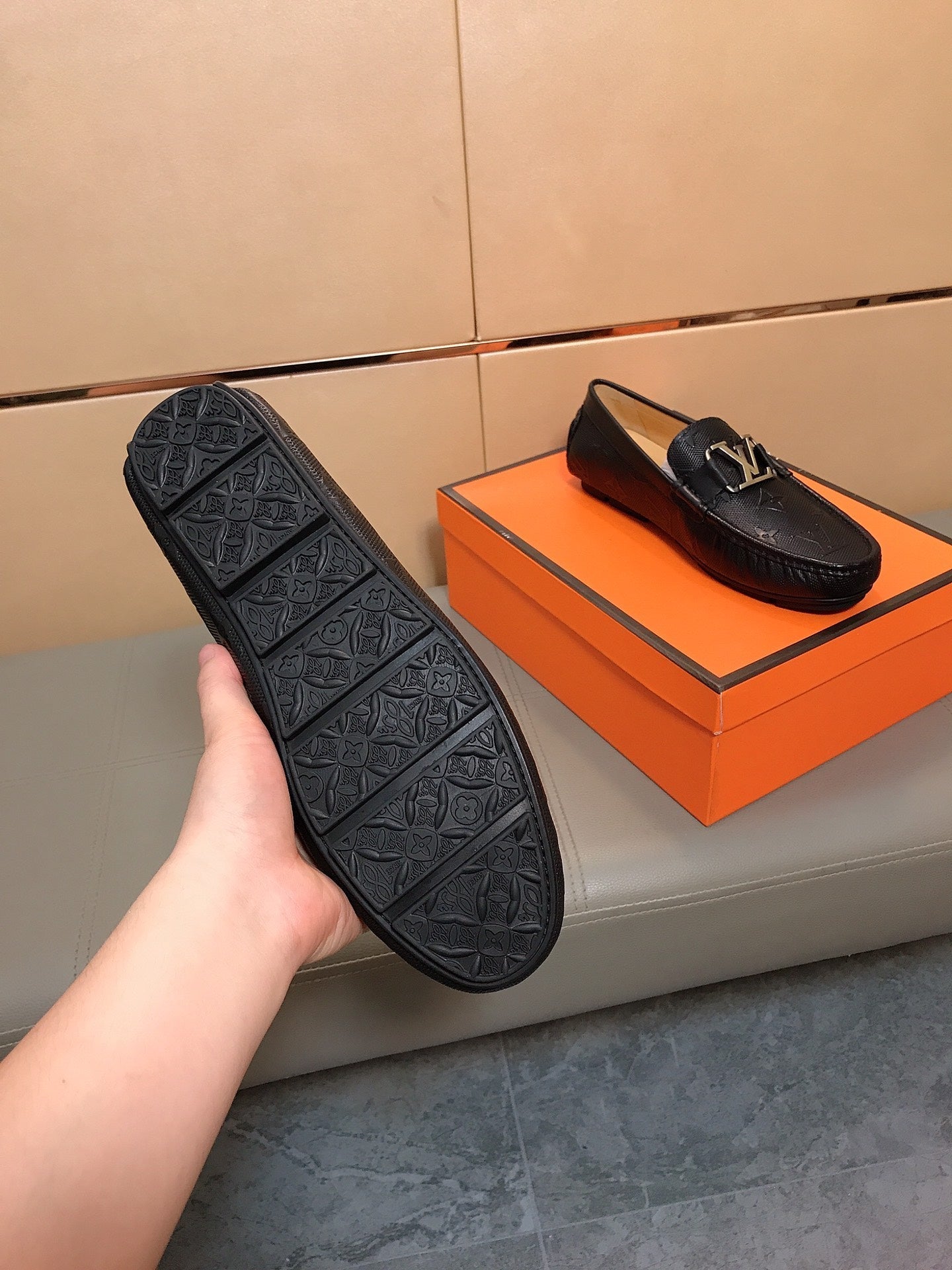 LV LOAFERS IN BLACK CALFSKIN WITH BRANDED EMBOSSING