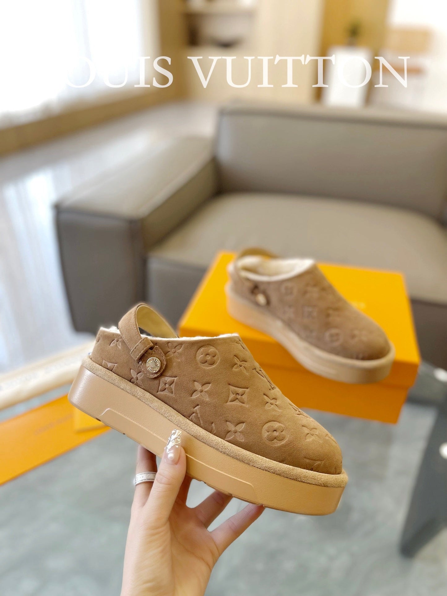 LV Aspen Platform Clog Beige Monogram Suede
