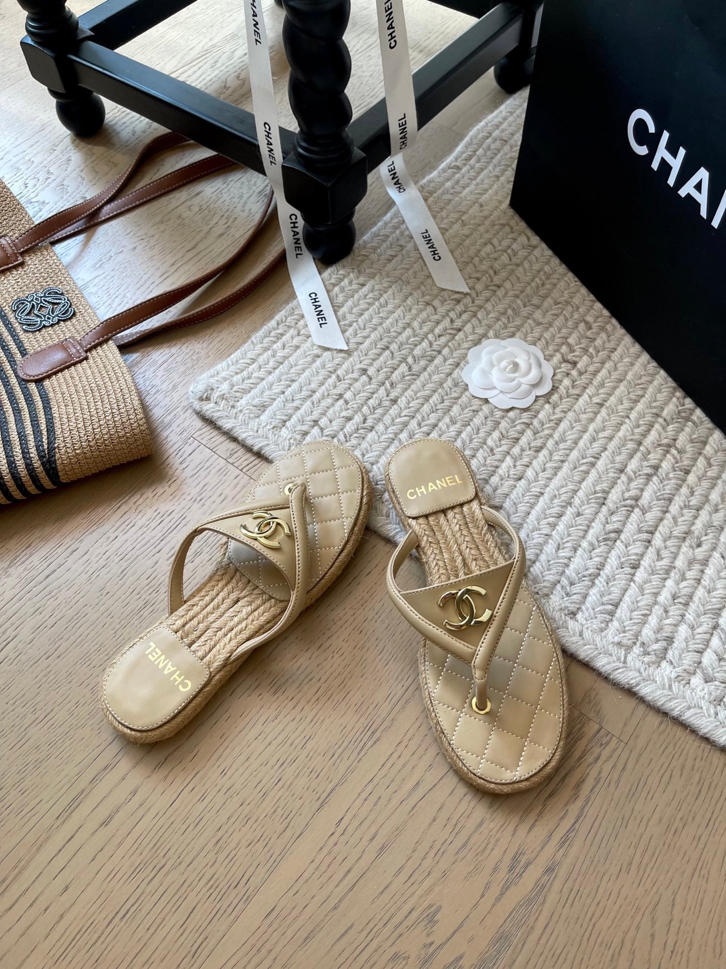 CC 25 Flip Flop Sandals Beige Calfskin Espadrilles
