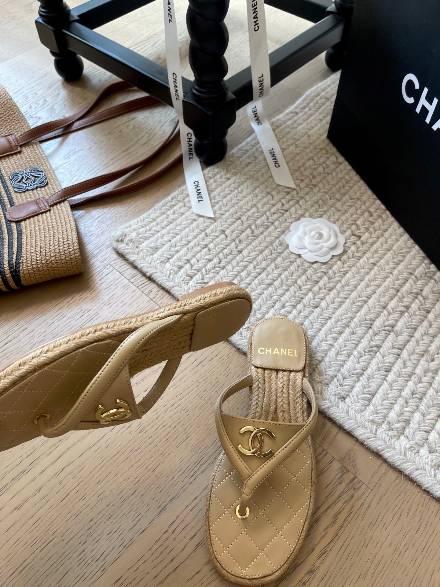 CC 25 Flip Flop Sandals Beige Calfskin Espadrilles