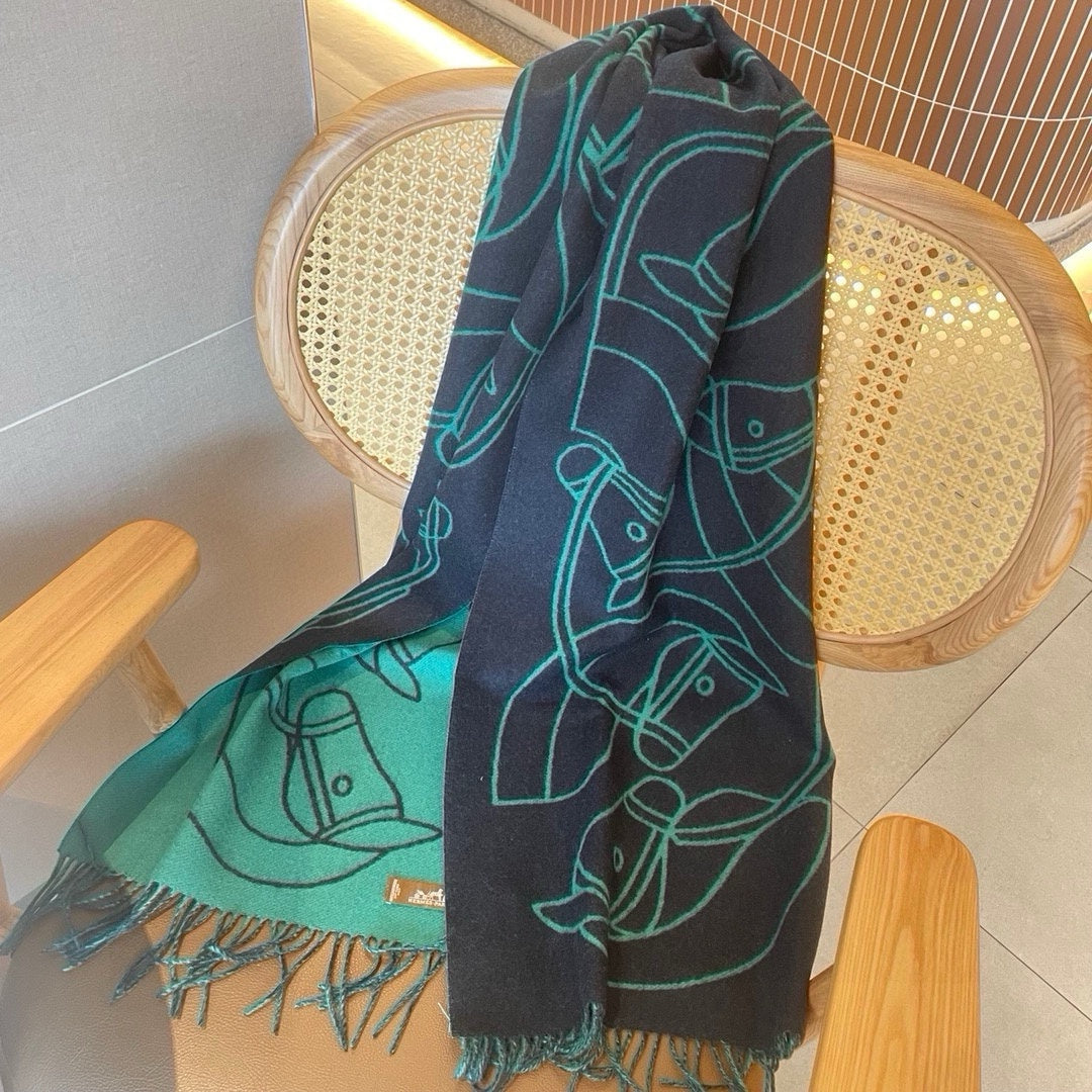 Casaque Entrelacs Equestres Scarf 195 CM Black Mix Jade Green Cashmere