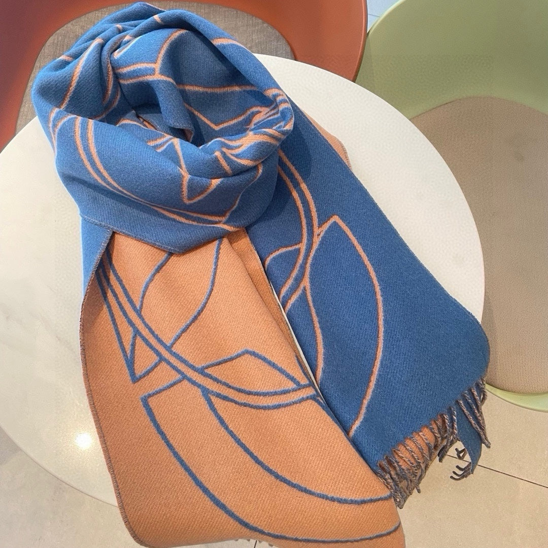 Casaque Entrelacs Equestres Scarf 195 CM Blue Mix Light Brown Cashmere