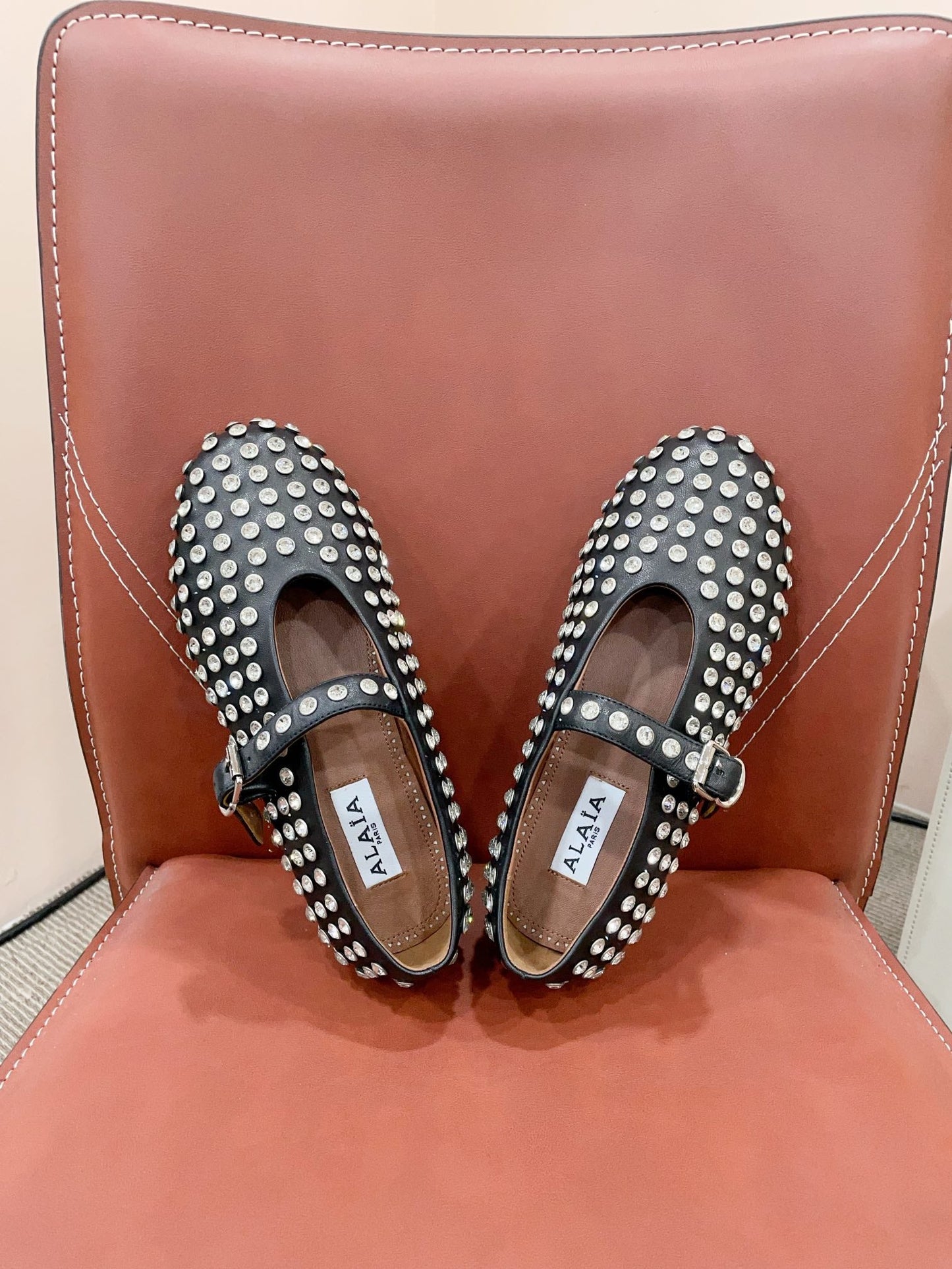 ALAIA MARY JANE SHOES IN BLACK LAMBKIN ATTACH RHINSTONES