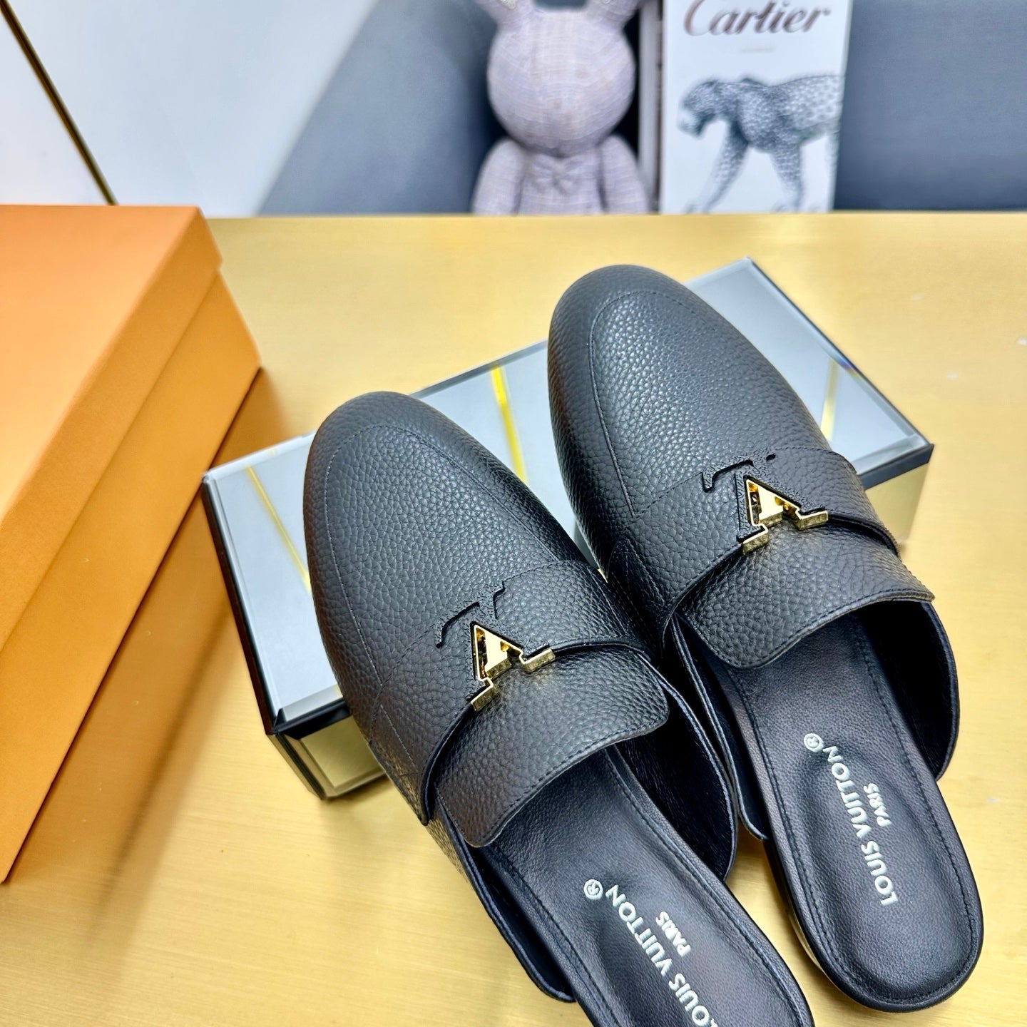 LV 25C LV Capri Open Back Loafer Black Wrinkled Cowhide 219926