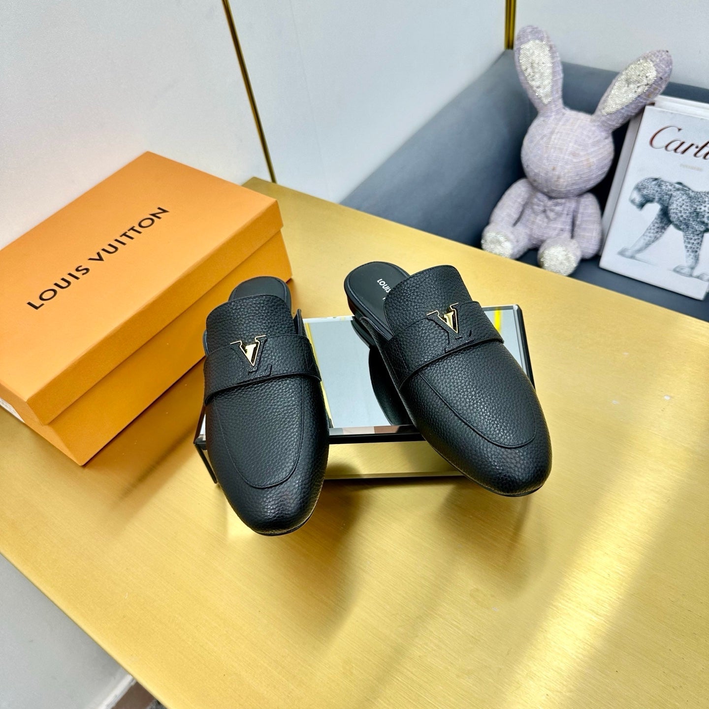 LV 25C LV Capri Open Back Loafer Black Wrinkled Cowhide 219926
