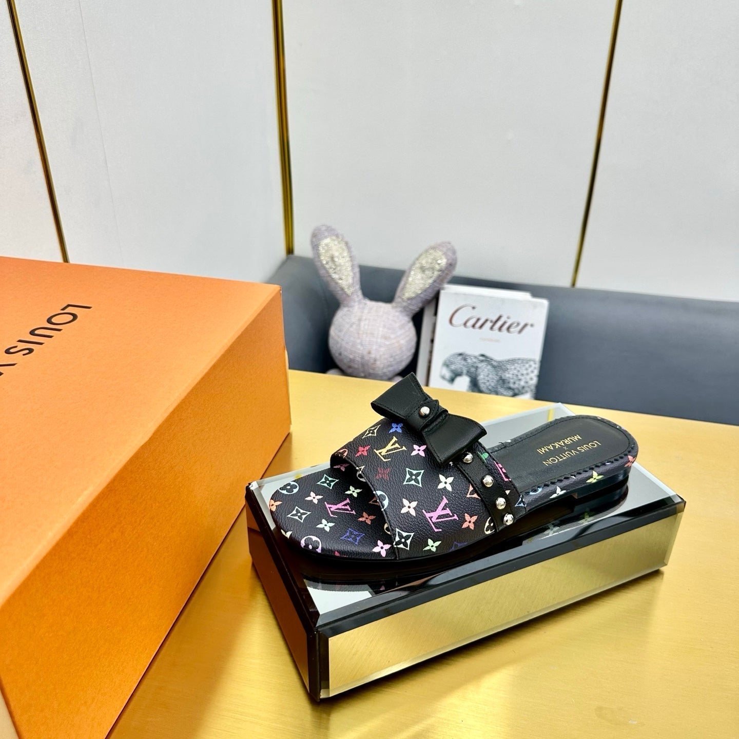 LV 25C LV x TM 6AM Flat Mule Black Bow Black with Monogram Multicolore Leather 219950
